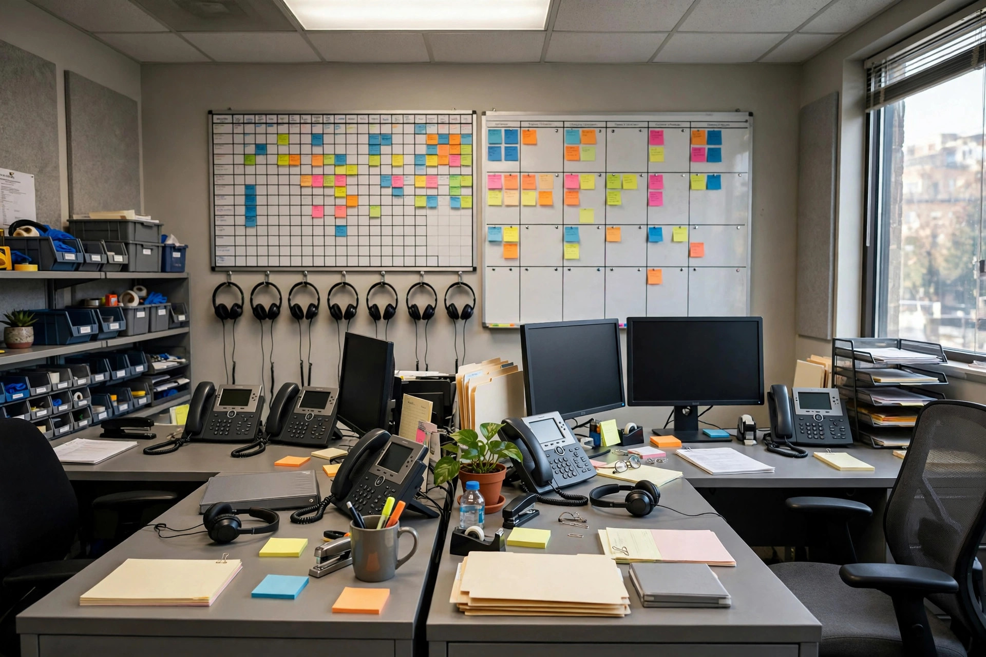 Home services dispatch office with phones, headsets, and a scheduling board on the wall
