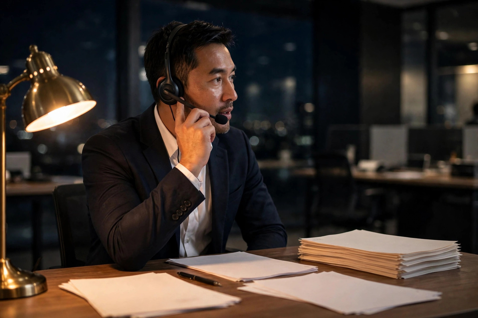 A professional man with a headset taking a business call at a brokerage desk at night
