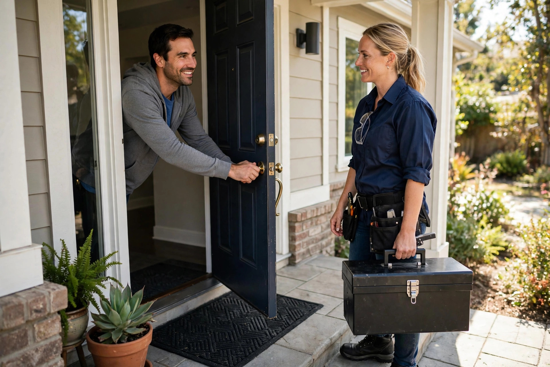 Smiling homeowner opening the front door to greet a friendly service technician with a toolbox