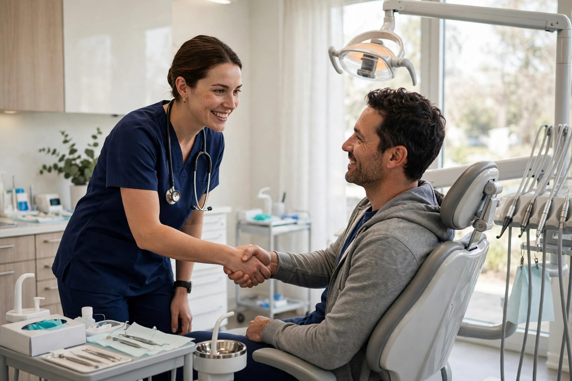 Dentist in scrubs warmly greeting a patient sitting in a dental chair