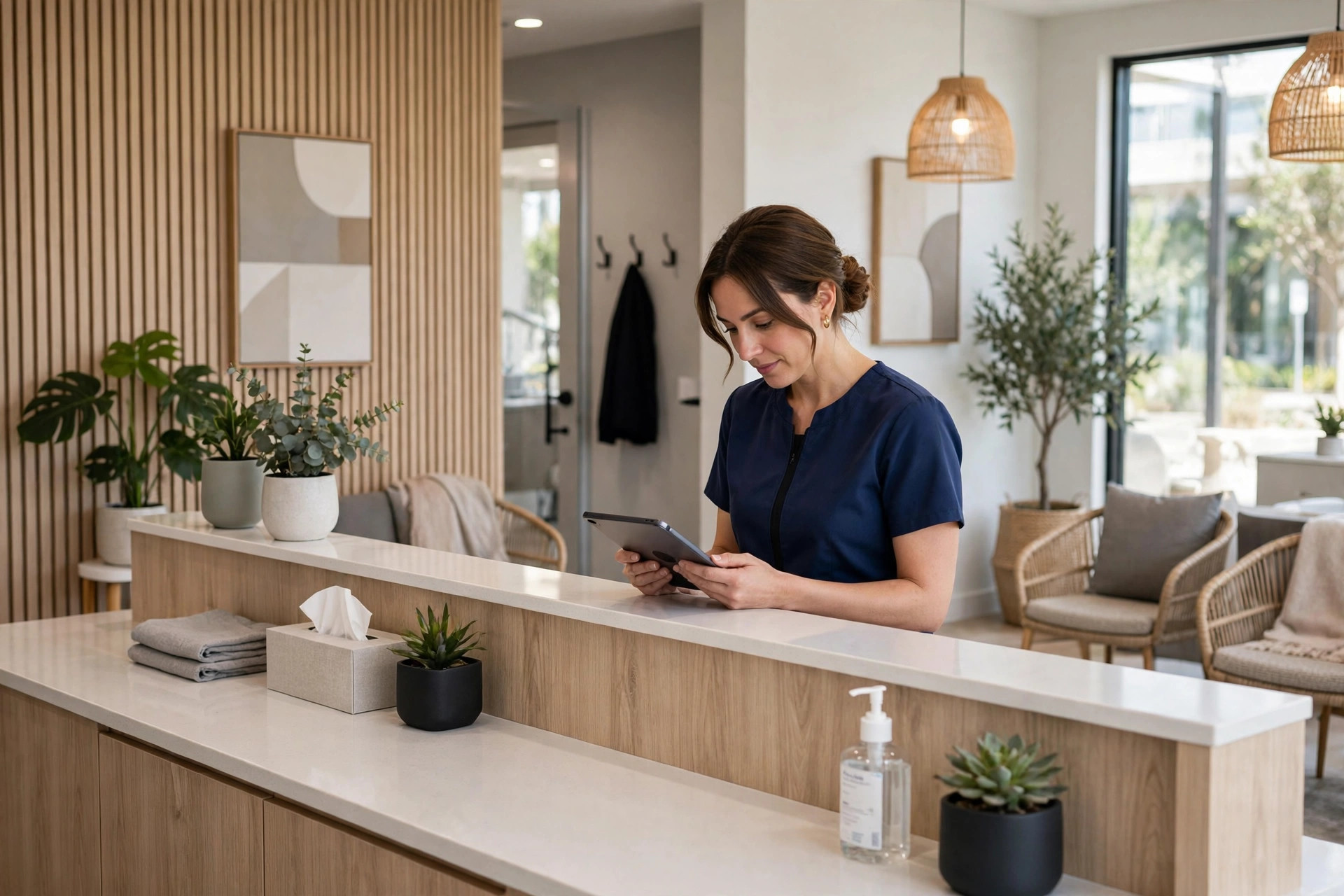 AI Appointment Setter for Clinics Dental office reception area with a staff member confirming an appointment on a tablet