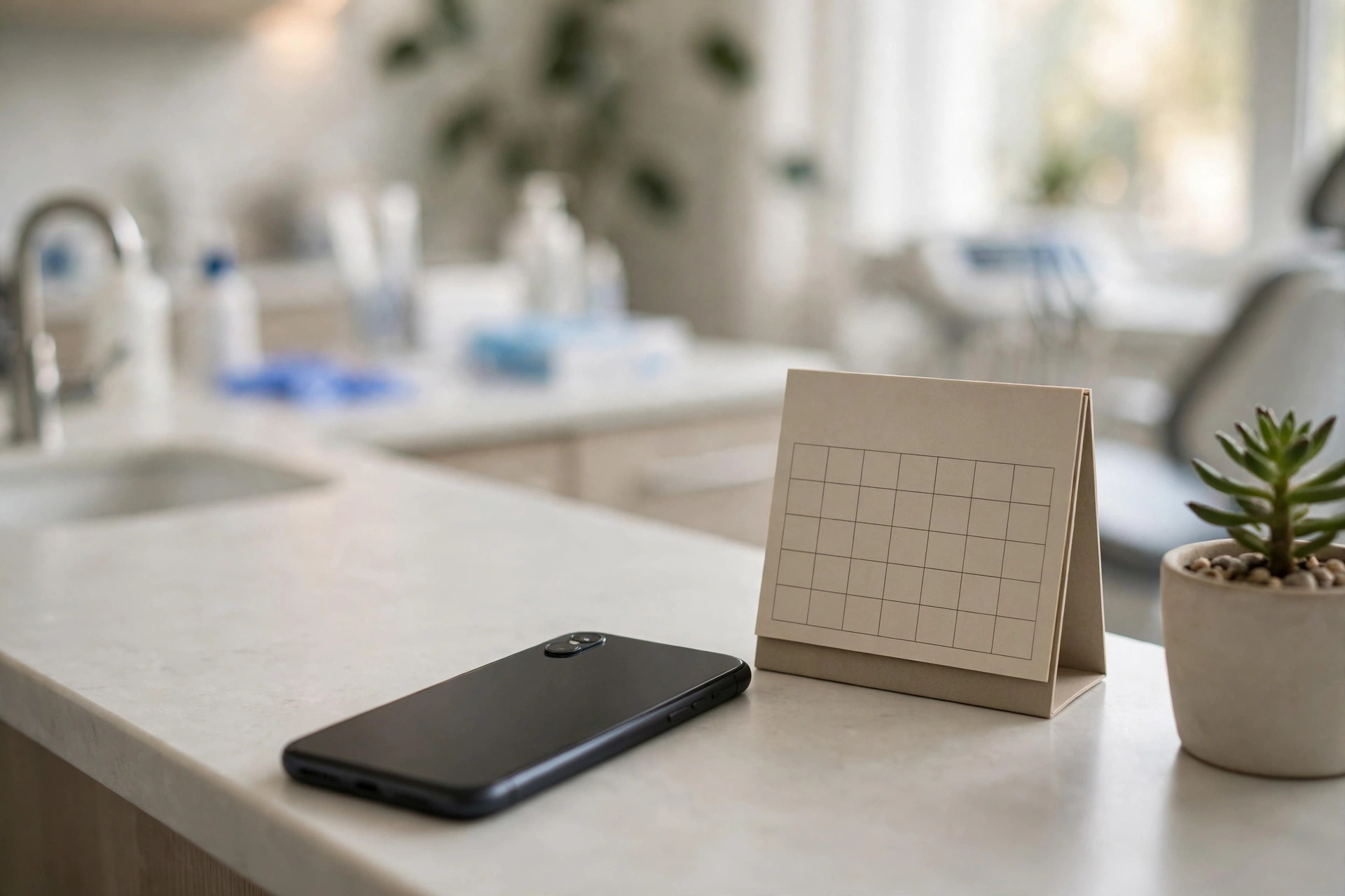 Smartphone on a dental reception counter next to an appointment book, showing a text conversation