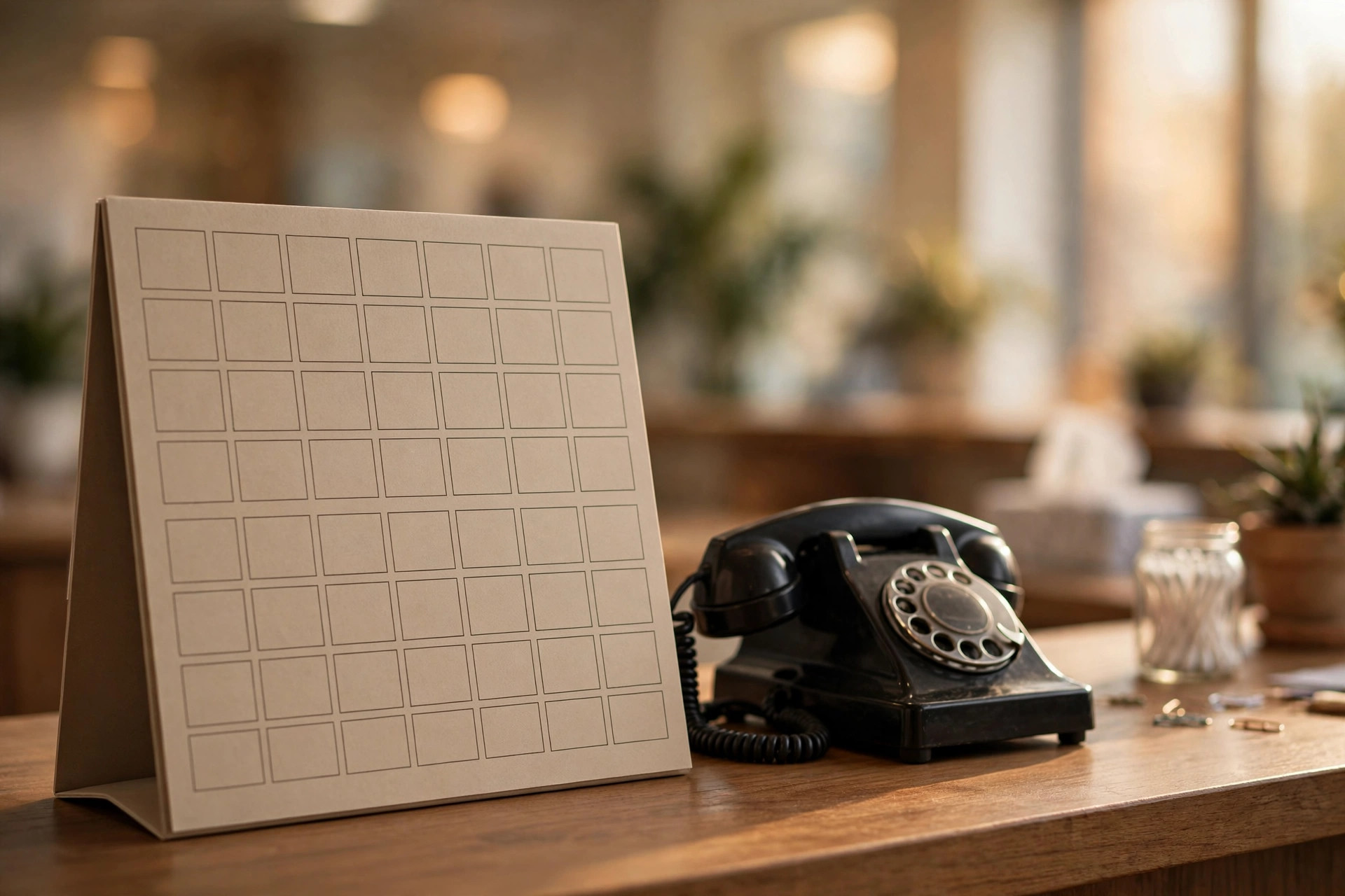 AI Appointment Setter for Clinics Desk calendar with appointment slots and a telephone on a clinic reception desk