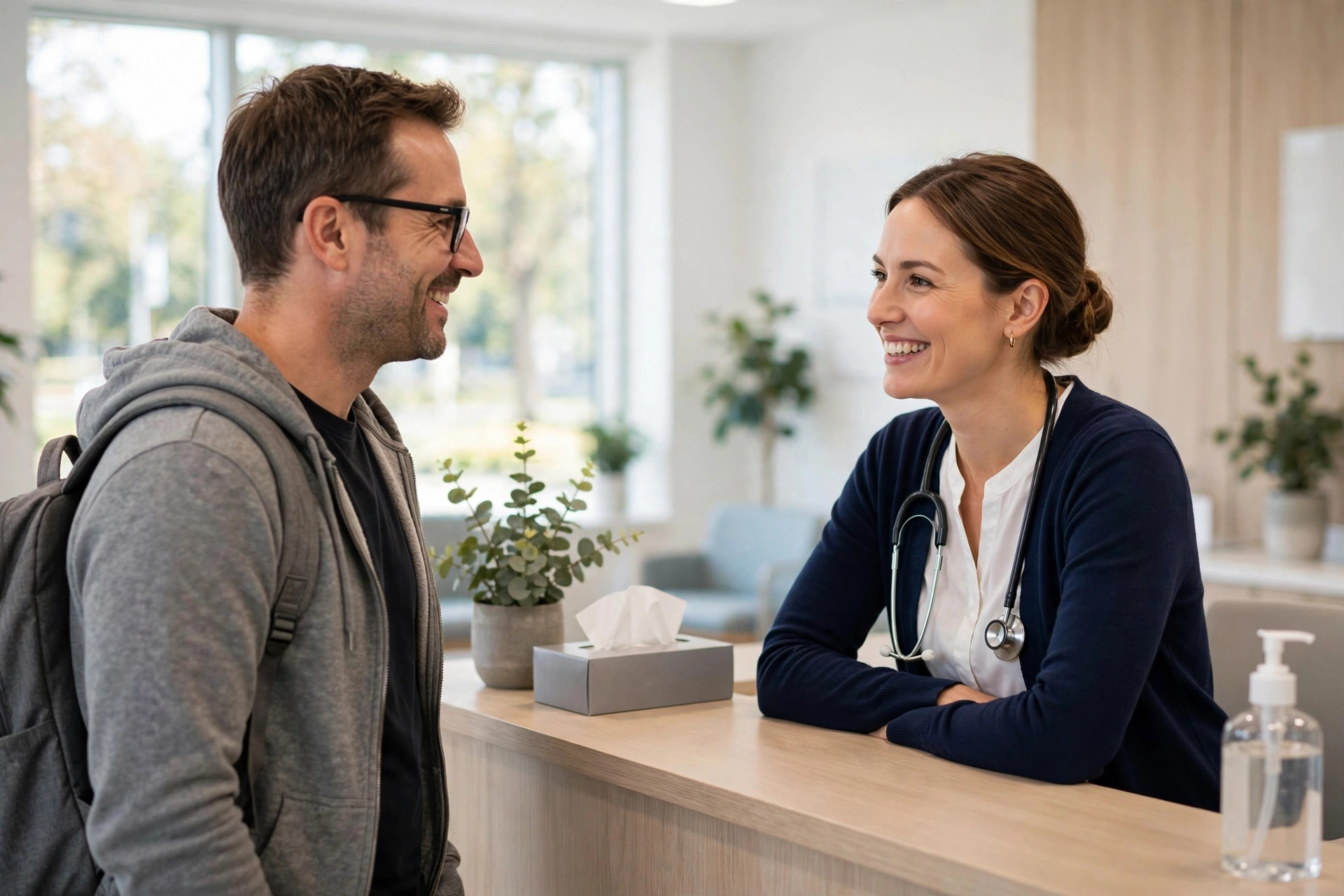 AI Appointment Setter for Clinics Patient being warmly greeted by a smiling receptionist at a clinic front desk