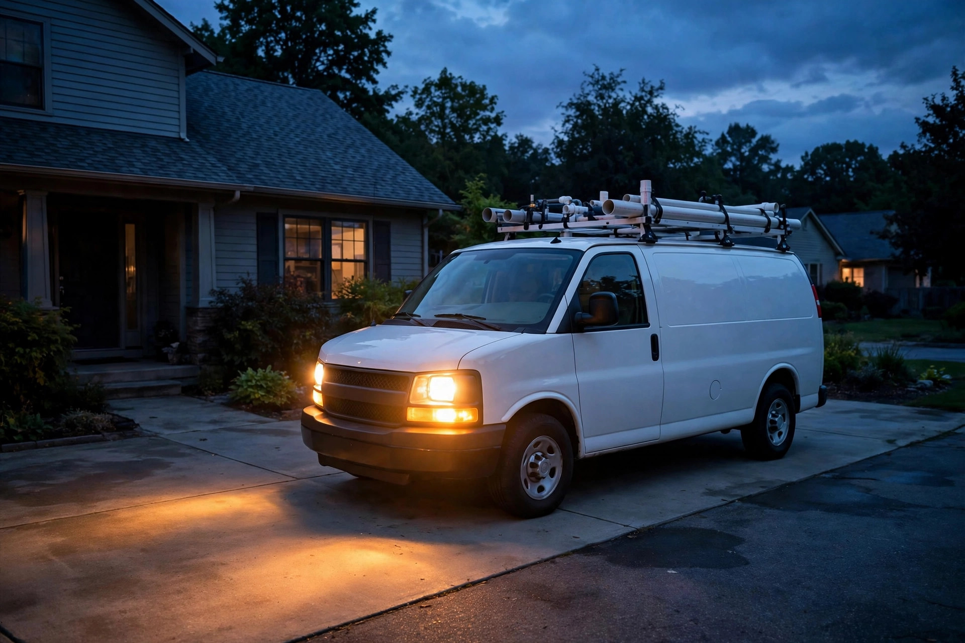 Plumber service van parked outside a house at night with headlights on