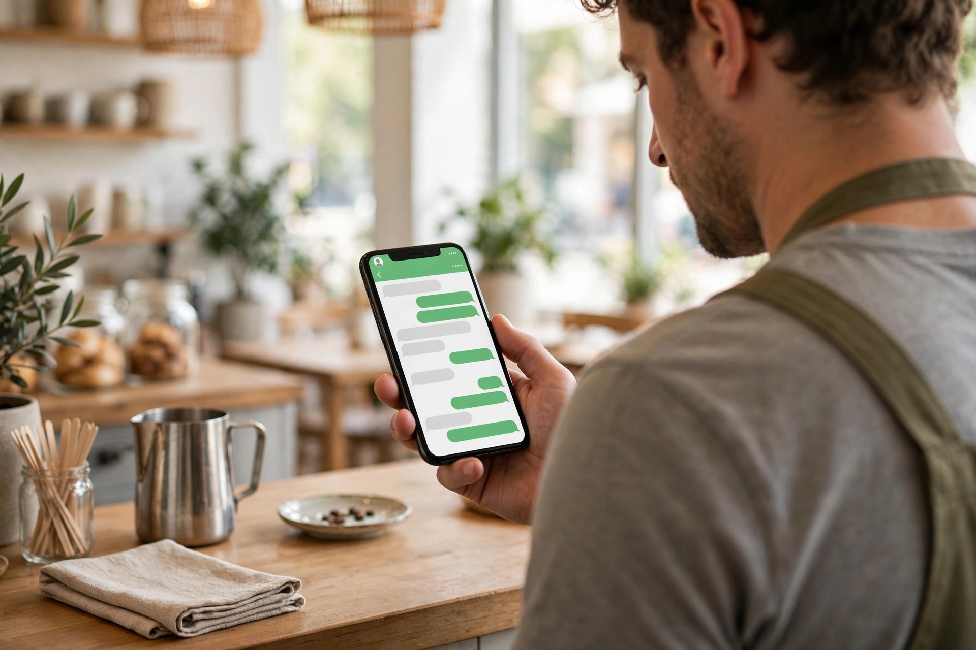 Business owner replying to customer chat messages on a phone behind the shop counter