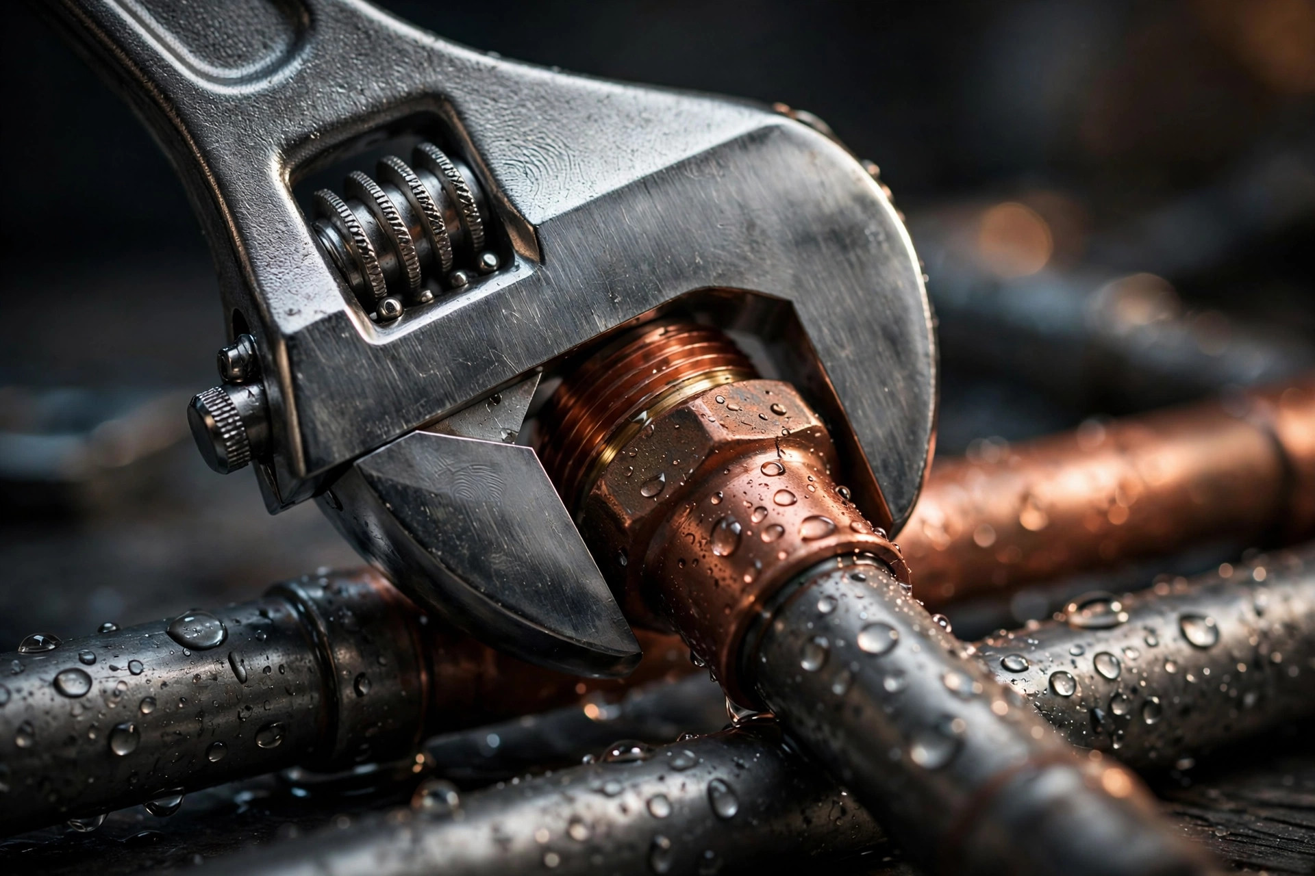 Chrome wrench gripping a copper pipe fitting in close-up, water droplets on metal