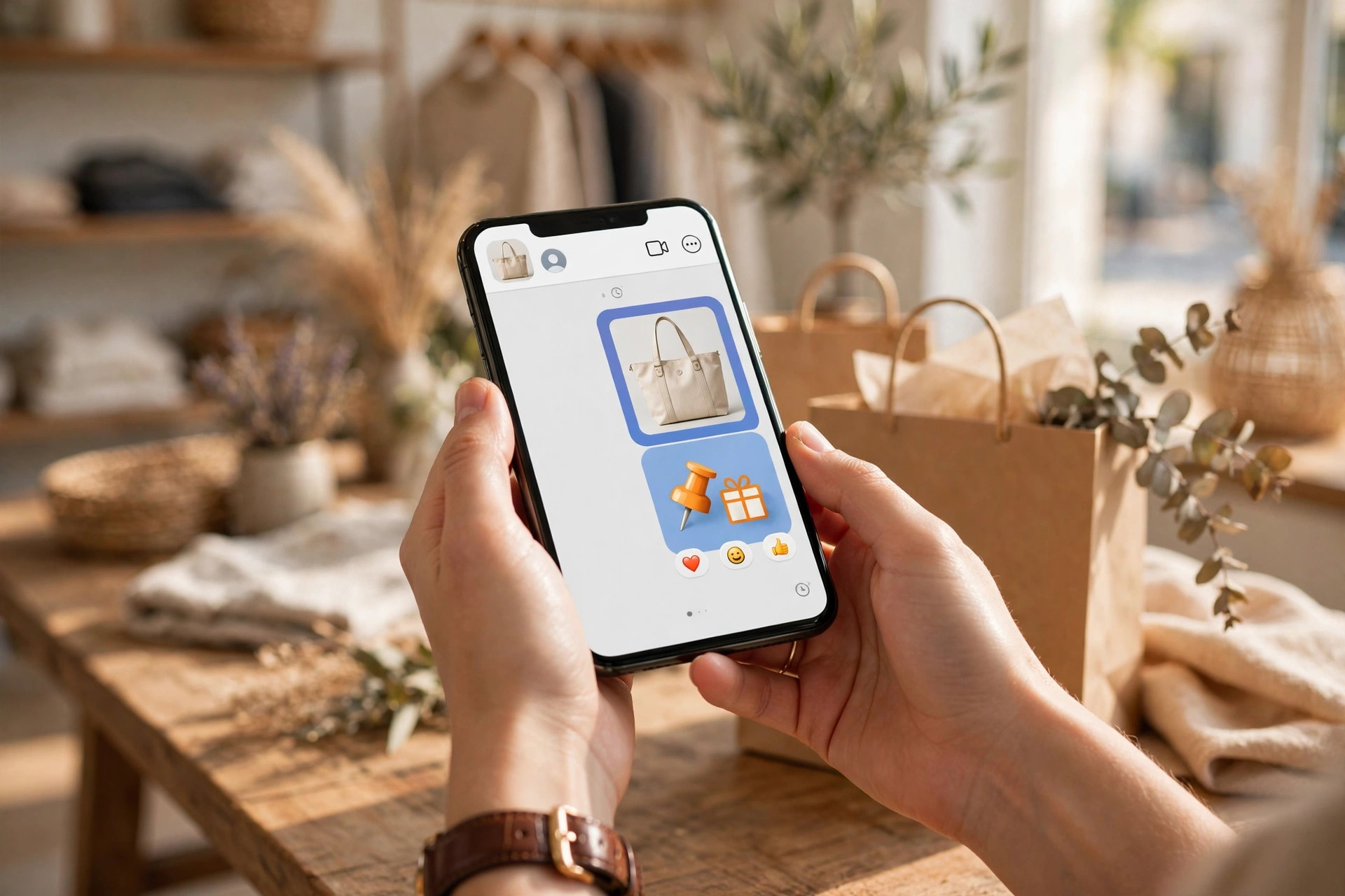 Customer reading a promotional offer message on a smartphone in a boutique