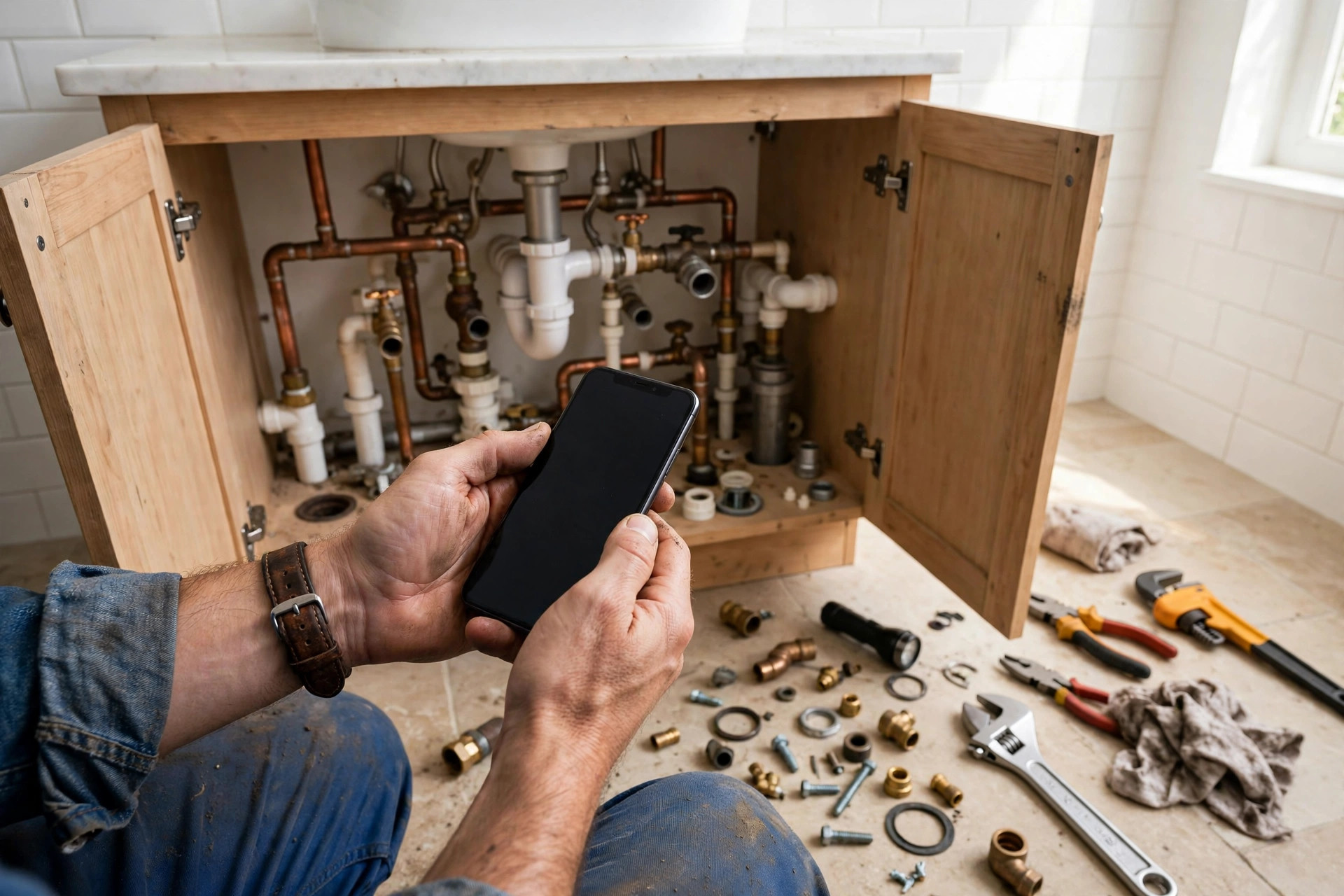 Plumber's hands holding a smartphone beside exposed bathroom pipes during a job