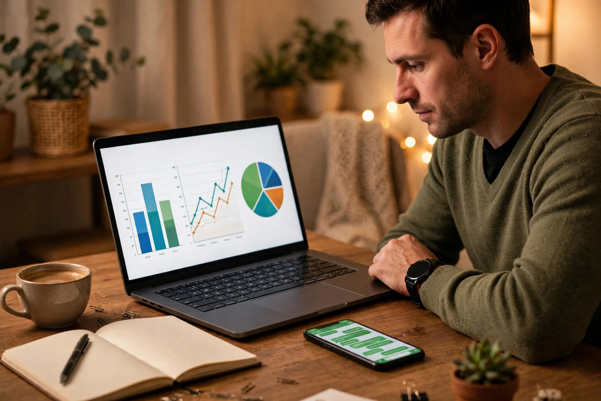 Business owner reviewing marketing charts on a laptop with a phone nearby