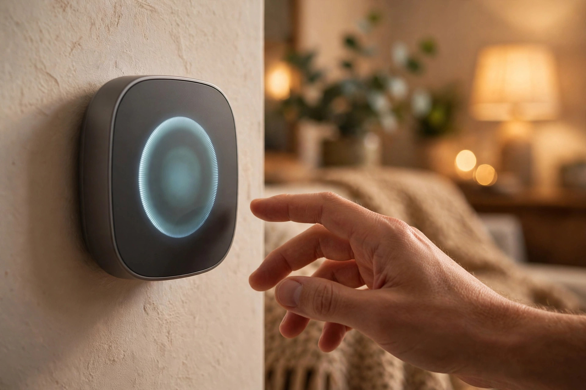 Missed Call Text Back for HVAC Companies: Scripts That Save No-Heat Calls Homeowner's hand reaching toward a digital thermostat mounted on a living room wall