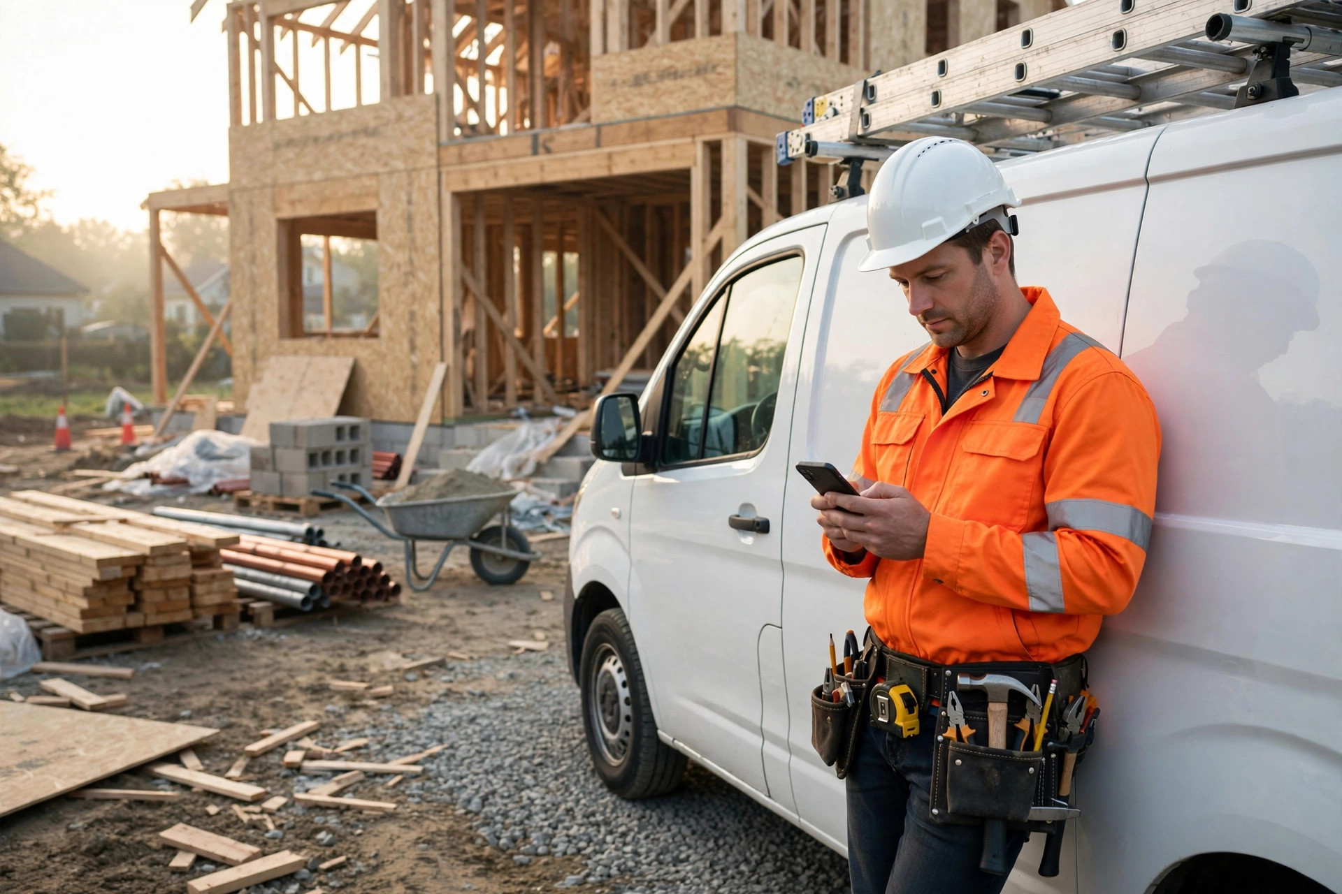 Contractor texting a customer beside a work van at a job site