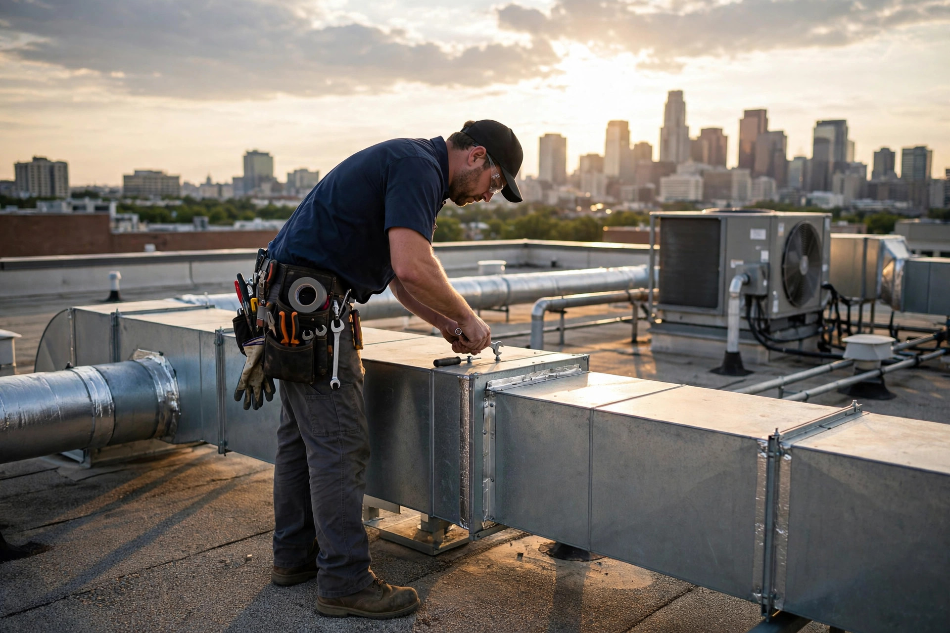 Missed Call Text Back for HVAC Companies: Scripts That Save No-Heat Calls HVAC technician working on rooftop ductwork of a commercial building