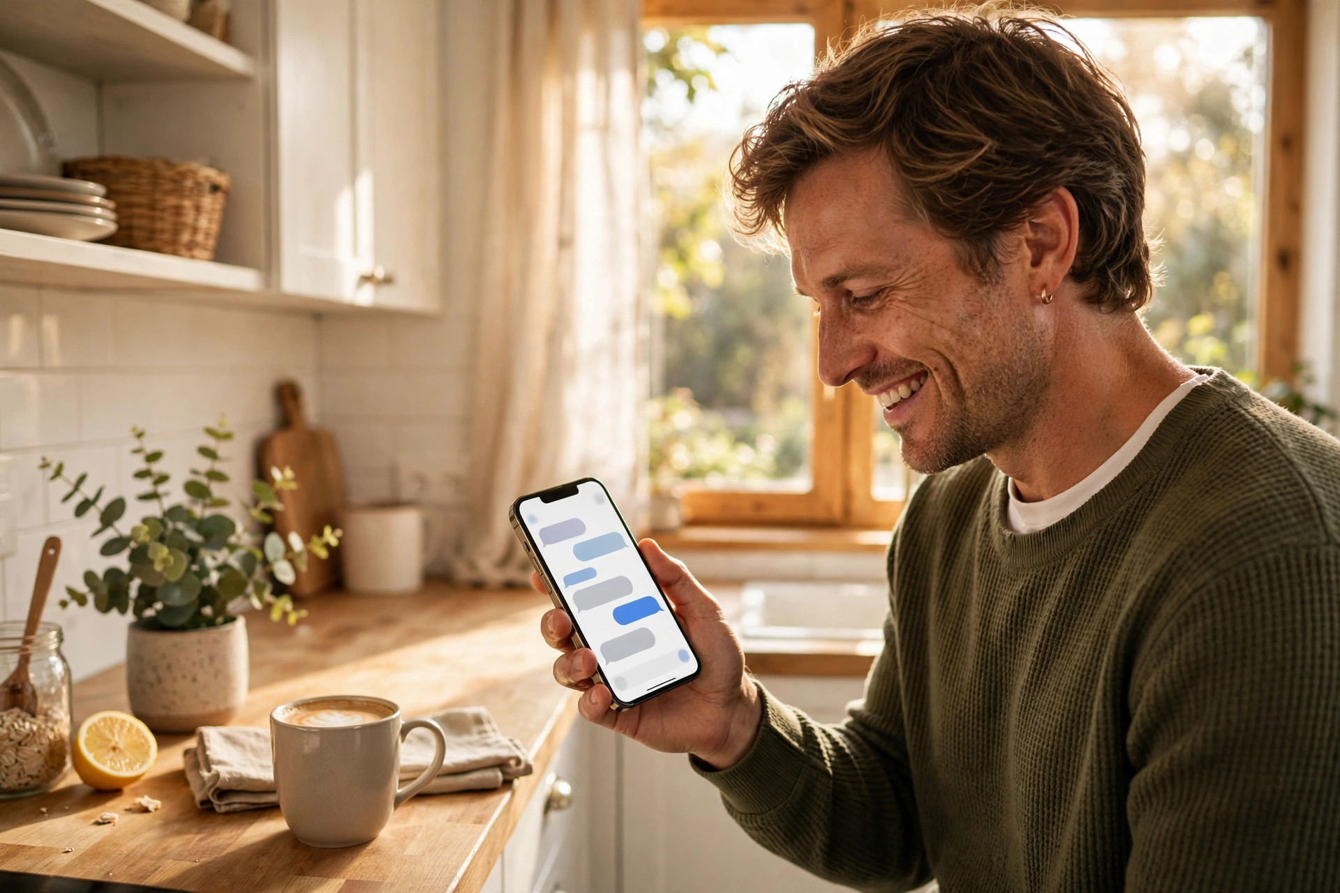 Homeowner reading a contractor appointment reminder text in the kitchen
