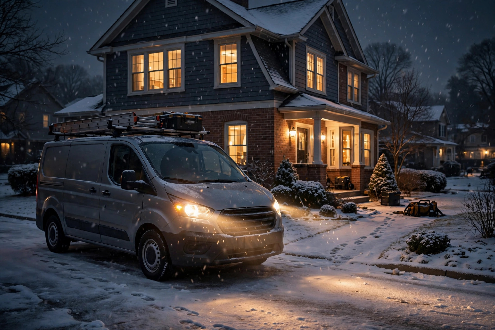 Missed Call Text Back for HVAC Companies: Scripts That Save No-Heat Calls HVAC service van outside a suburban home at night in light snowfall