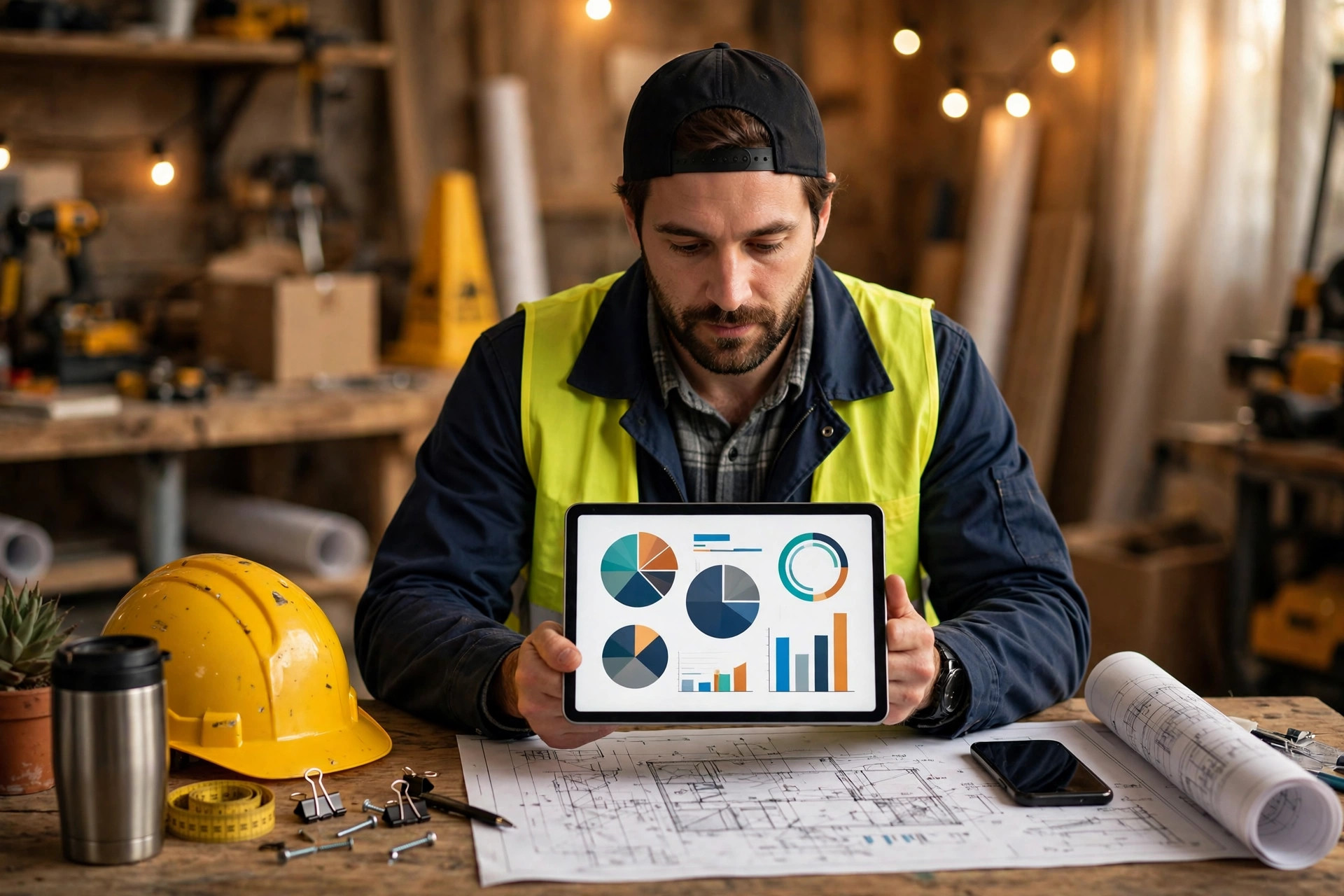Contractor reviewing text campaign reports on a tablet in the office