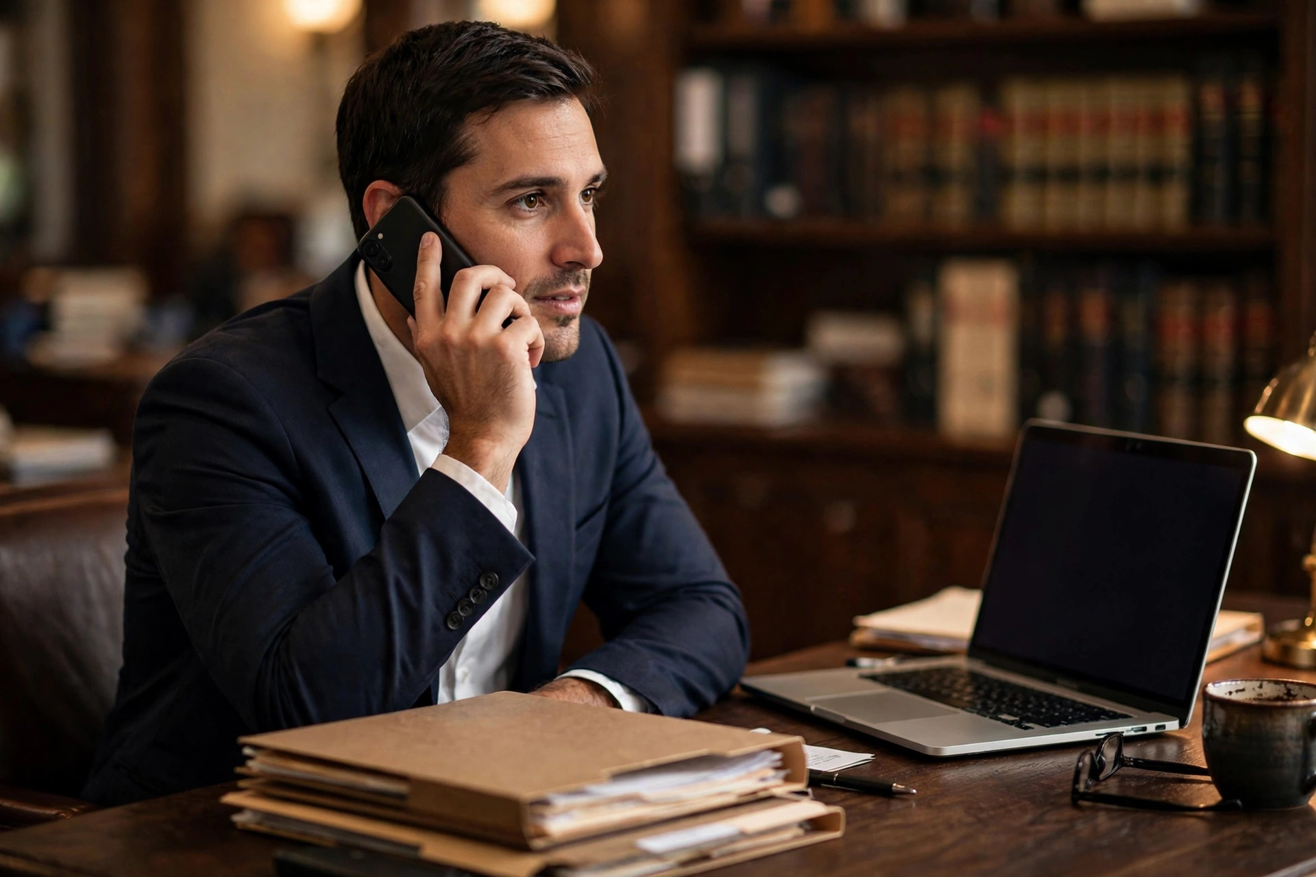Missed Call Text Back for Law Firms: Intake-First Scripts That Sign Clients Lawyer in a suit talking on a phone at a dark wood desk with case files