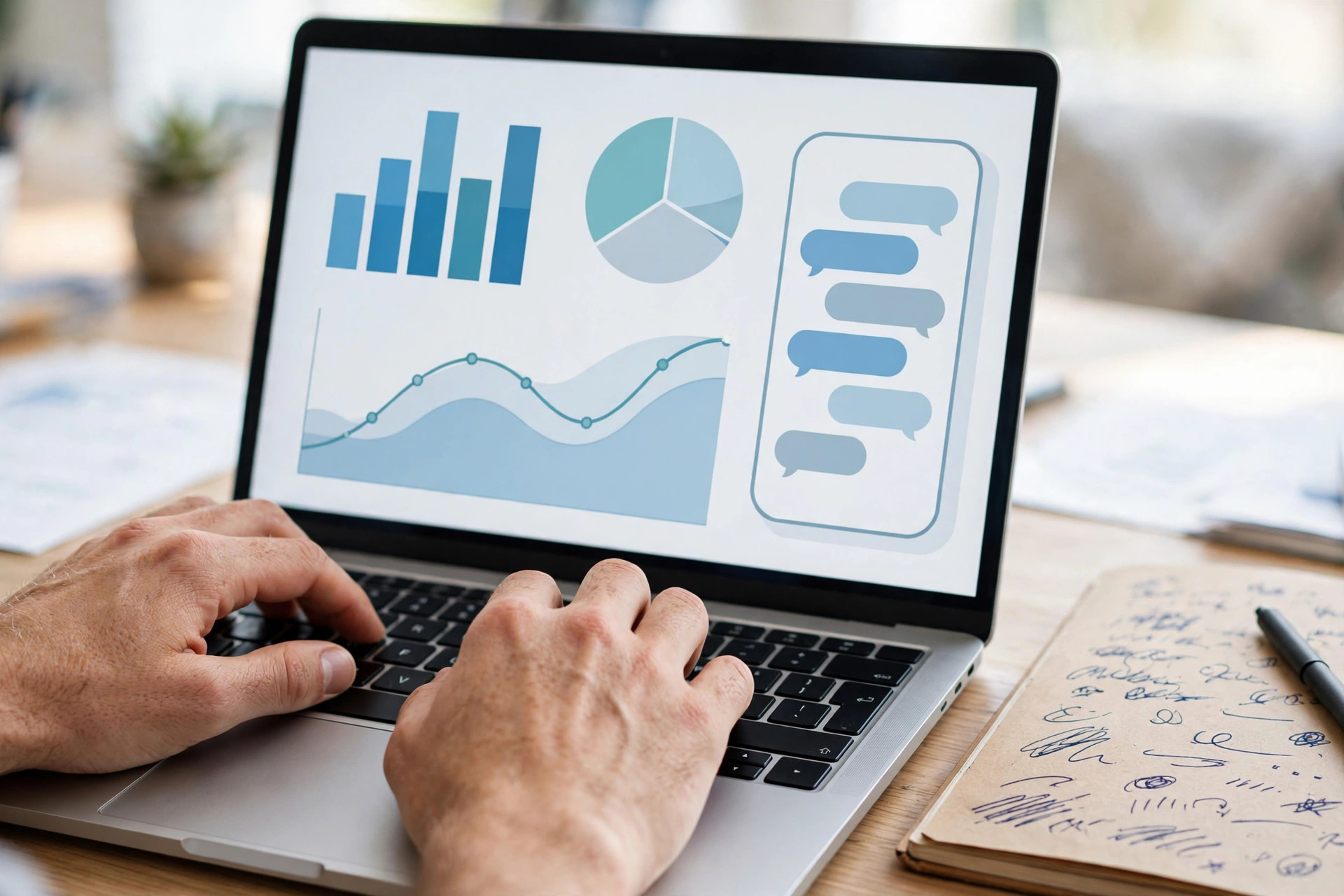 Hands typing on a laptop showing an SMS marketing dashboard with campaign charts