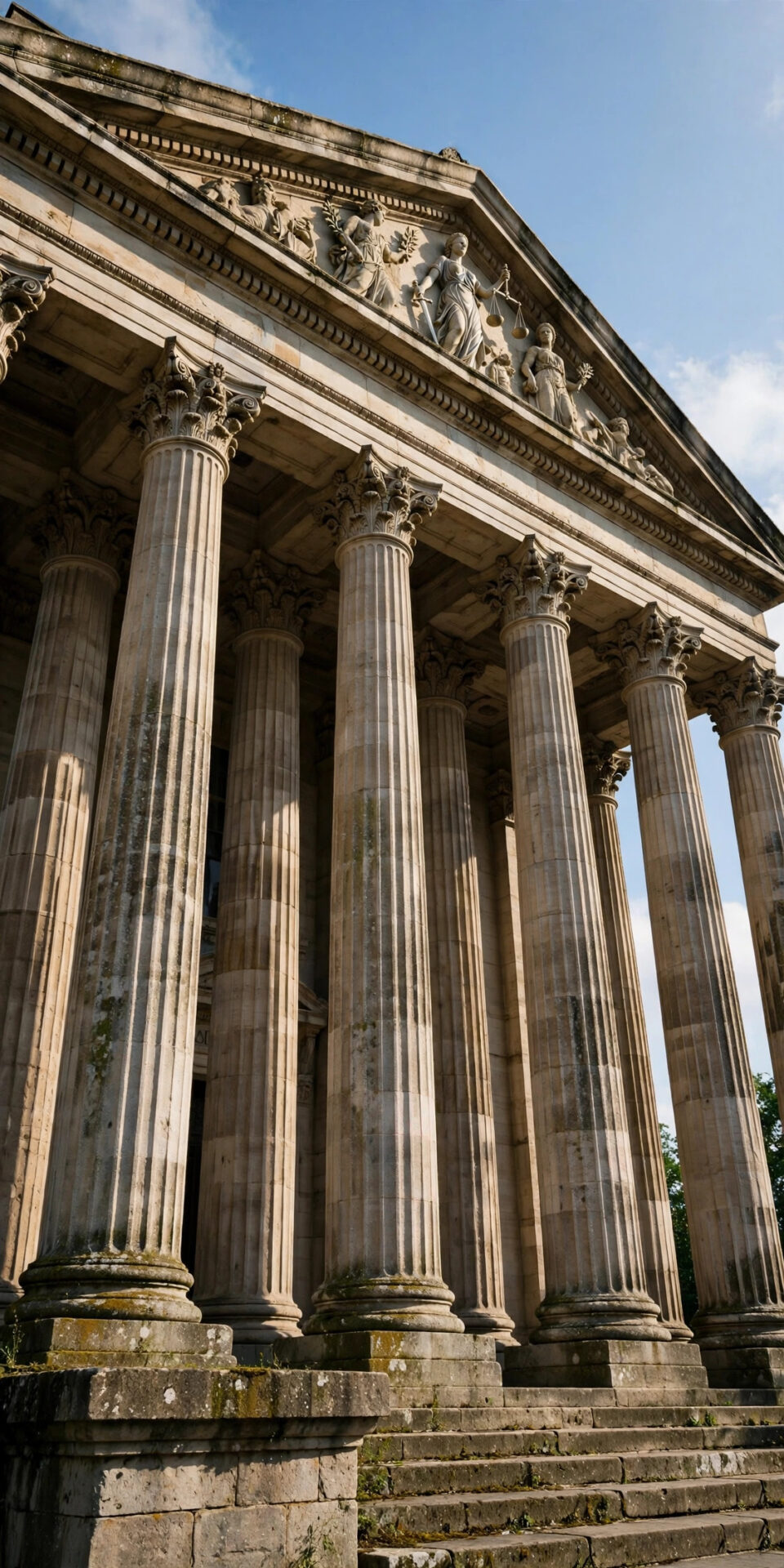 Missed Call Text Back for Law Firms: Intake-First Scripts That Sign Clients Grand courthouse columns exterior against a blue sky, viewed from below