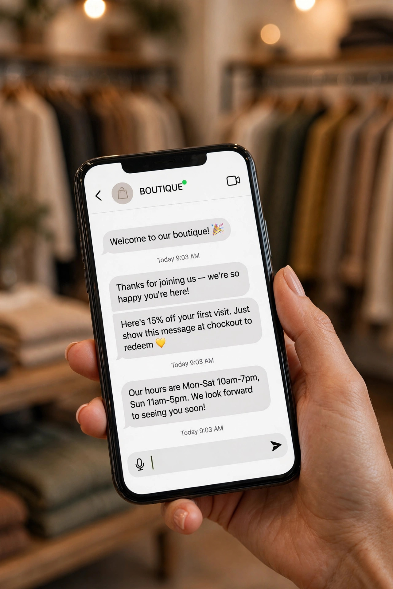 Smartphone showing an automated welcome text message from a local boutique