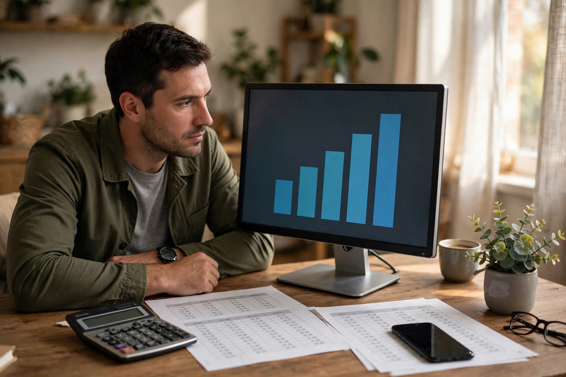 Business owner reviewing subscriber growth charts on a desktop monitor
