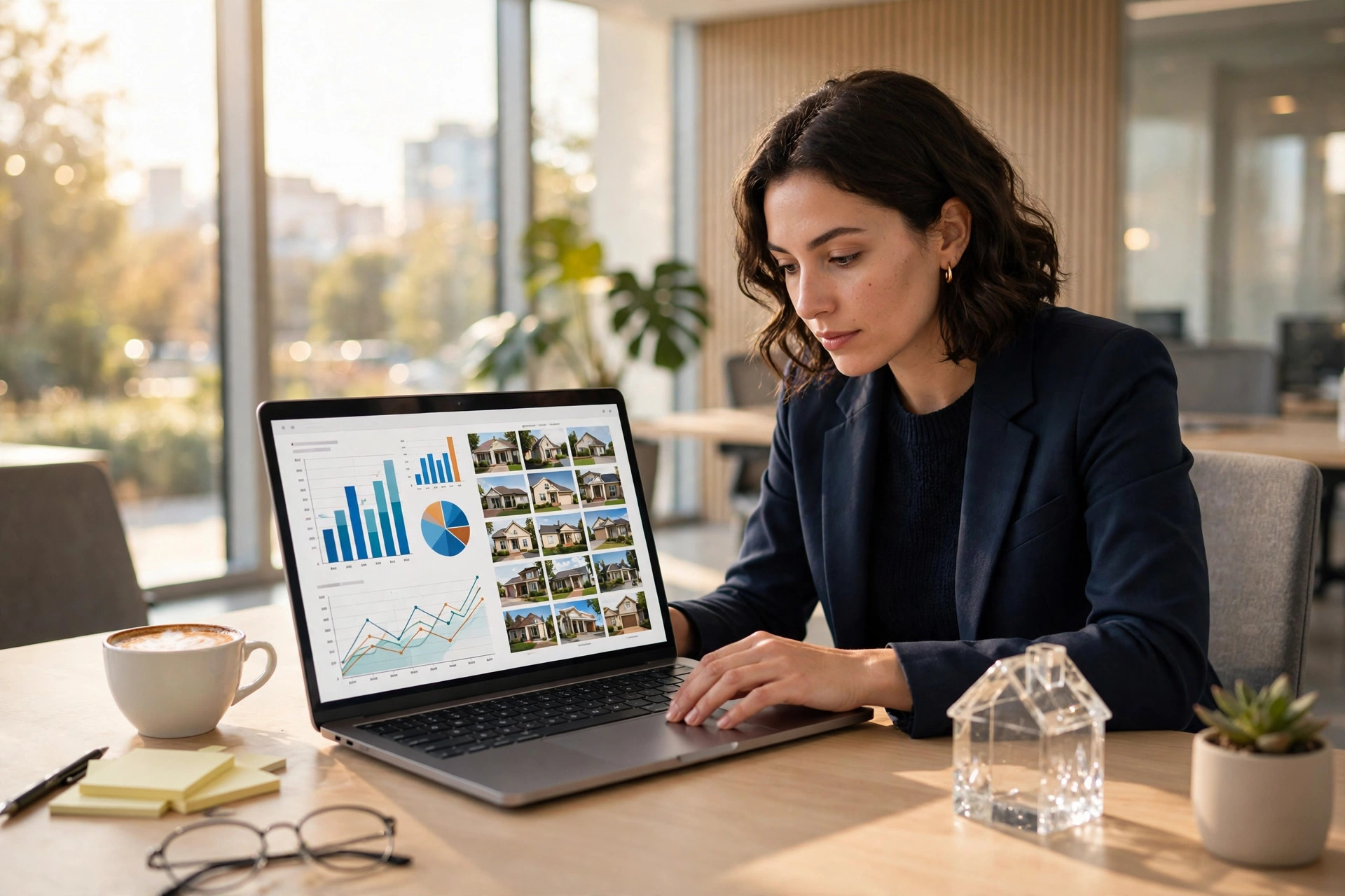 Email Marketing for Real Estate Agents: Drips and Newsletters That Nurture Leads Real estate agent reviewing market data and property listings on a laptop at a bright office desk