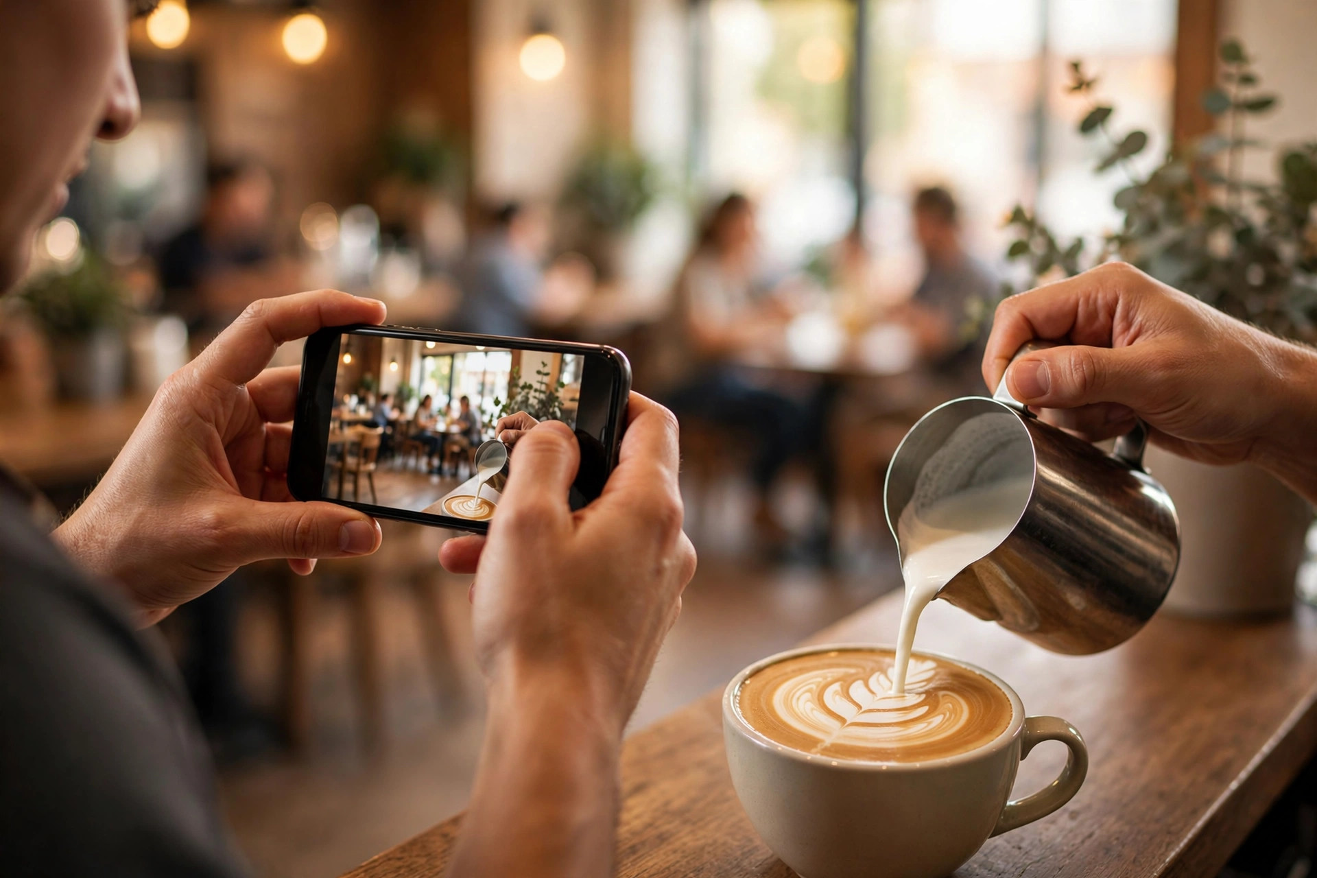 Barista filming a latte art pour on a smartphone in a coffee shop