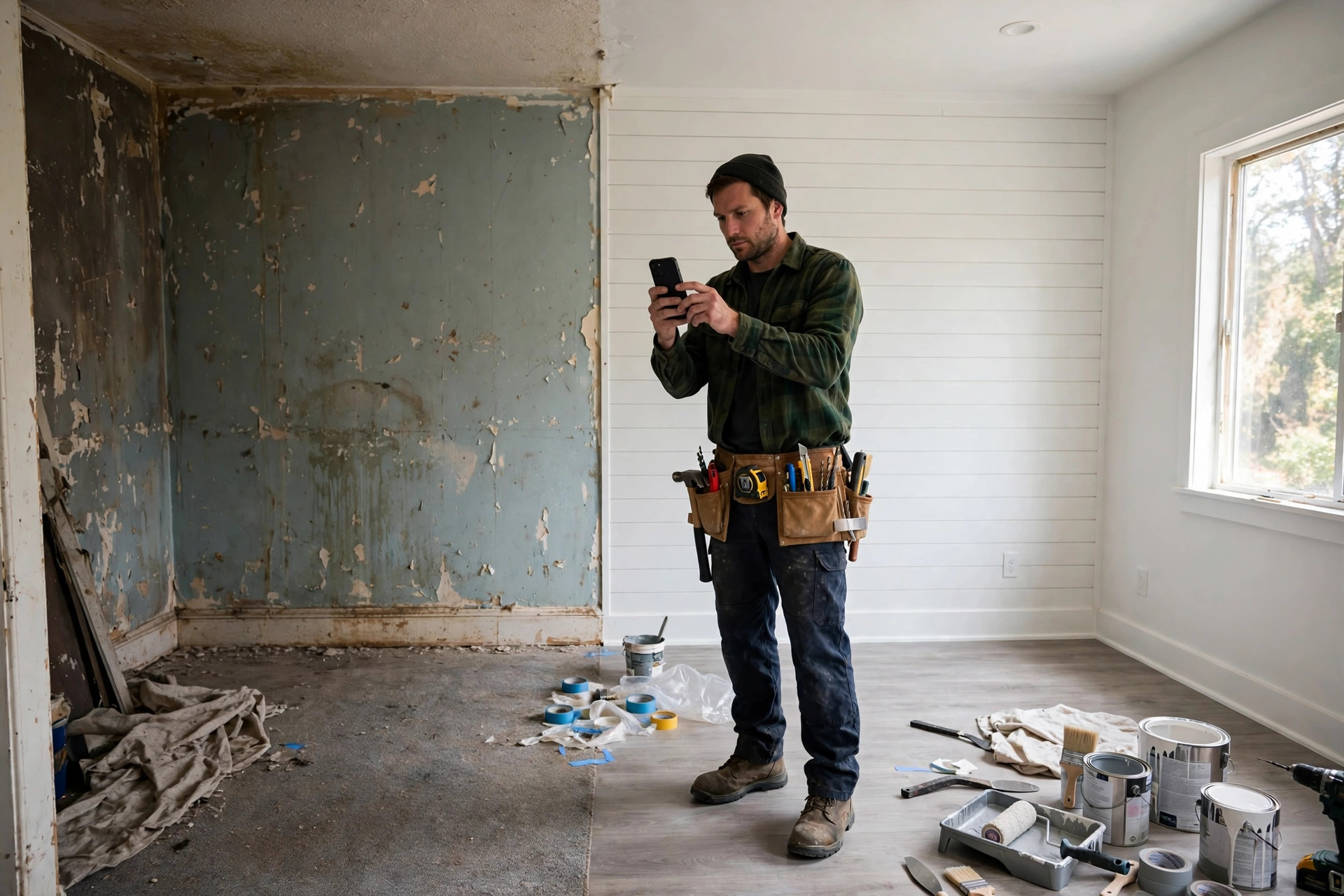 Contractor filming a before and after renovation reveal on a smartphone