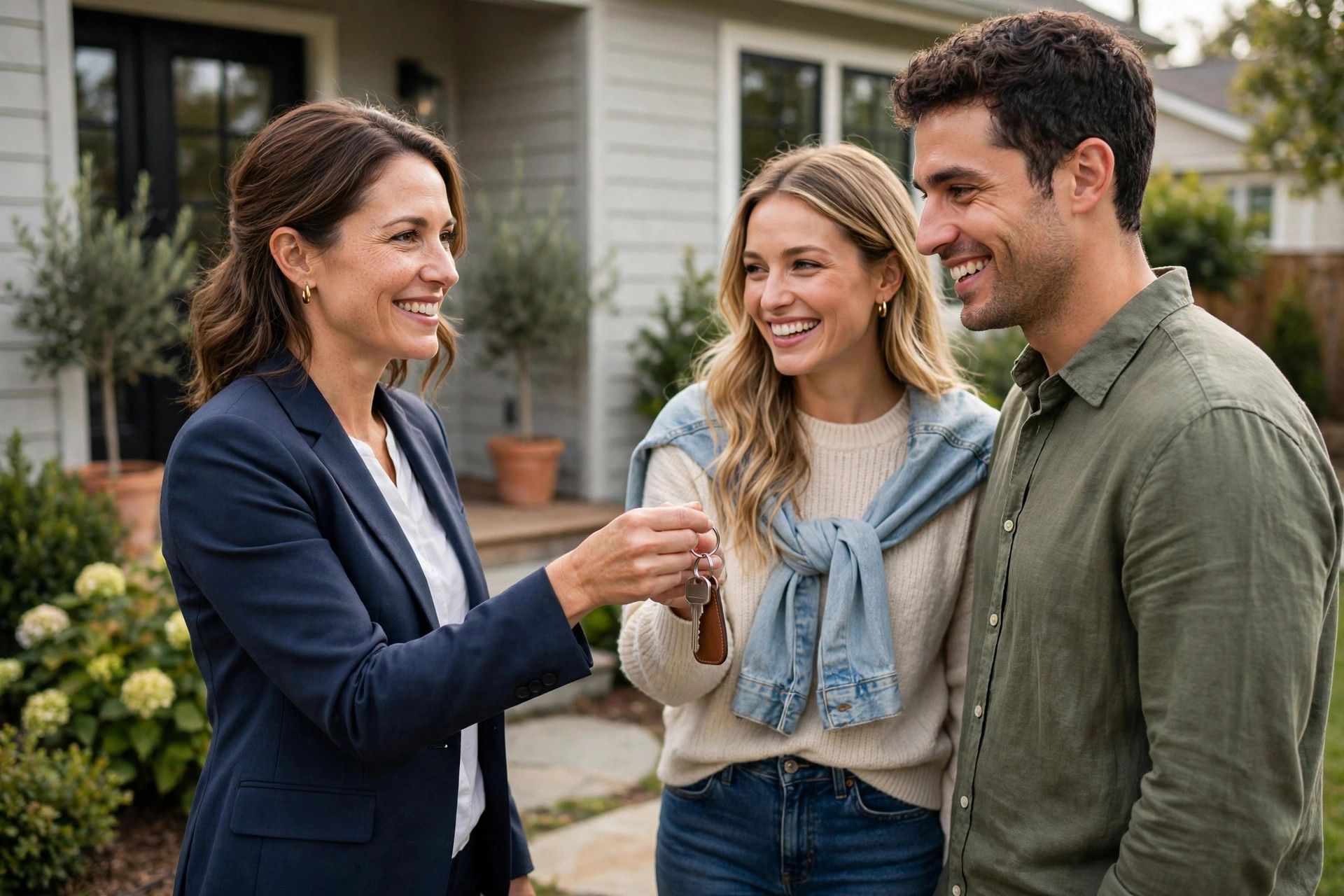 Email Marketing for Real Estate Agents: Drips and Newsletters That Nurture Leads Real estate agent handing a set of keys to a smiling couple of home buyers