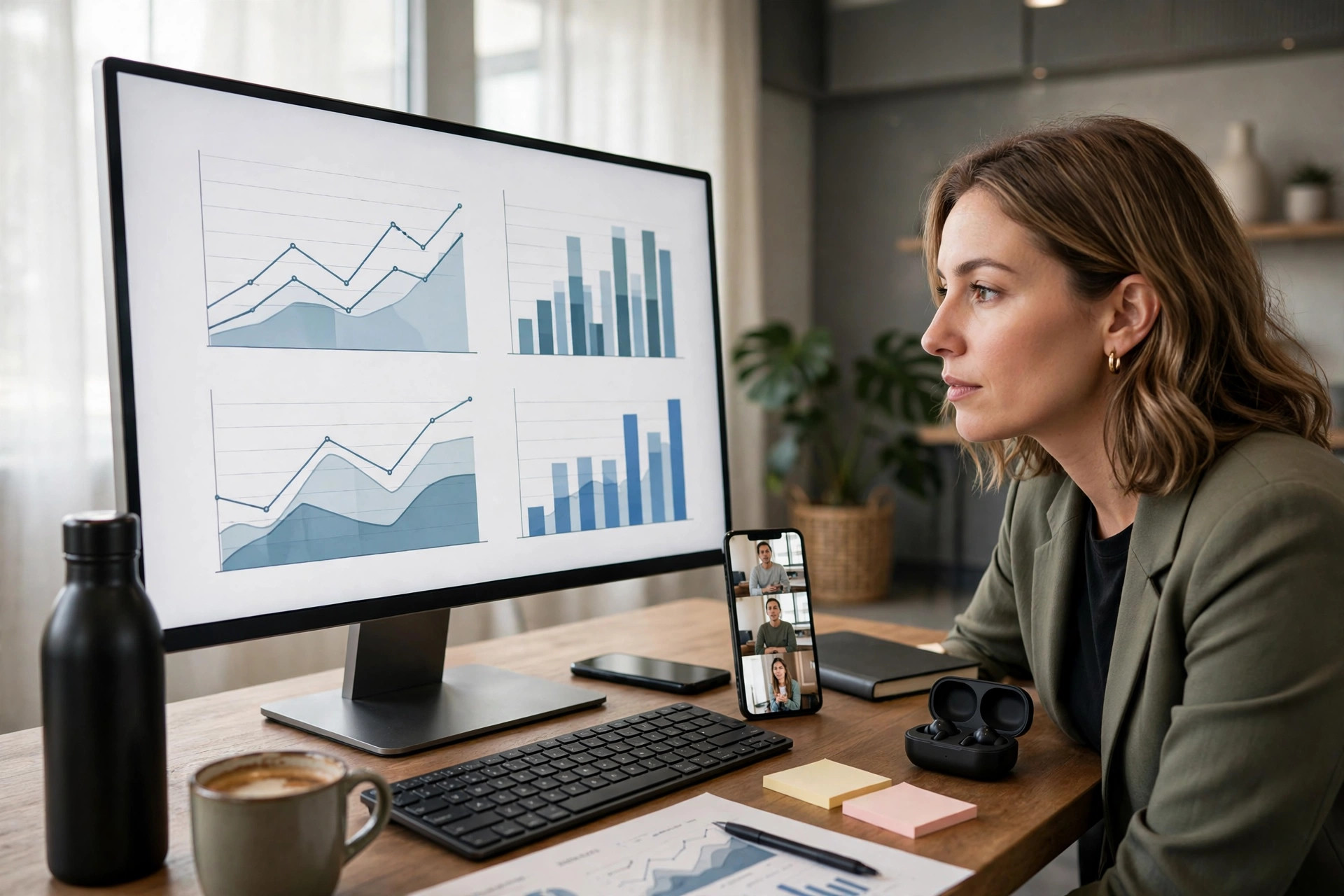 Marketing manager reviewing short-form video ad performance charts