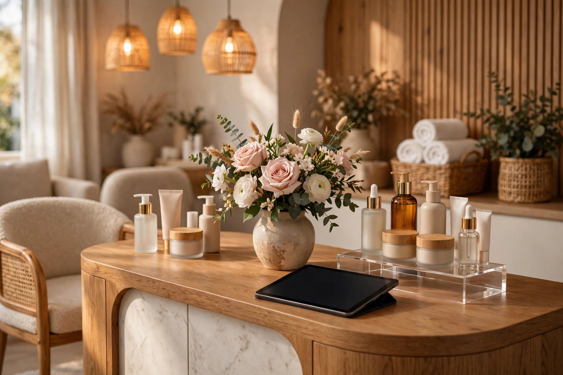 Elegant salon reception desk with a tablet for bookings and fresh flowers