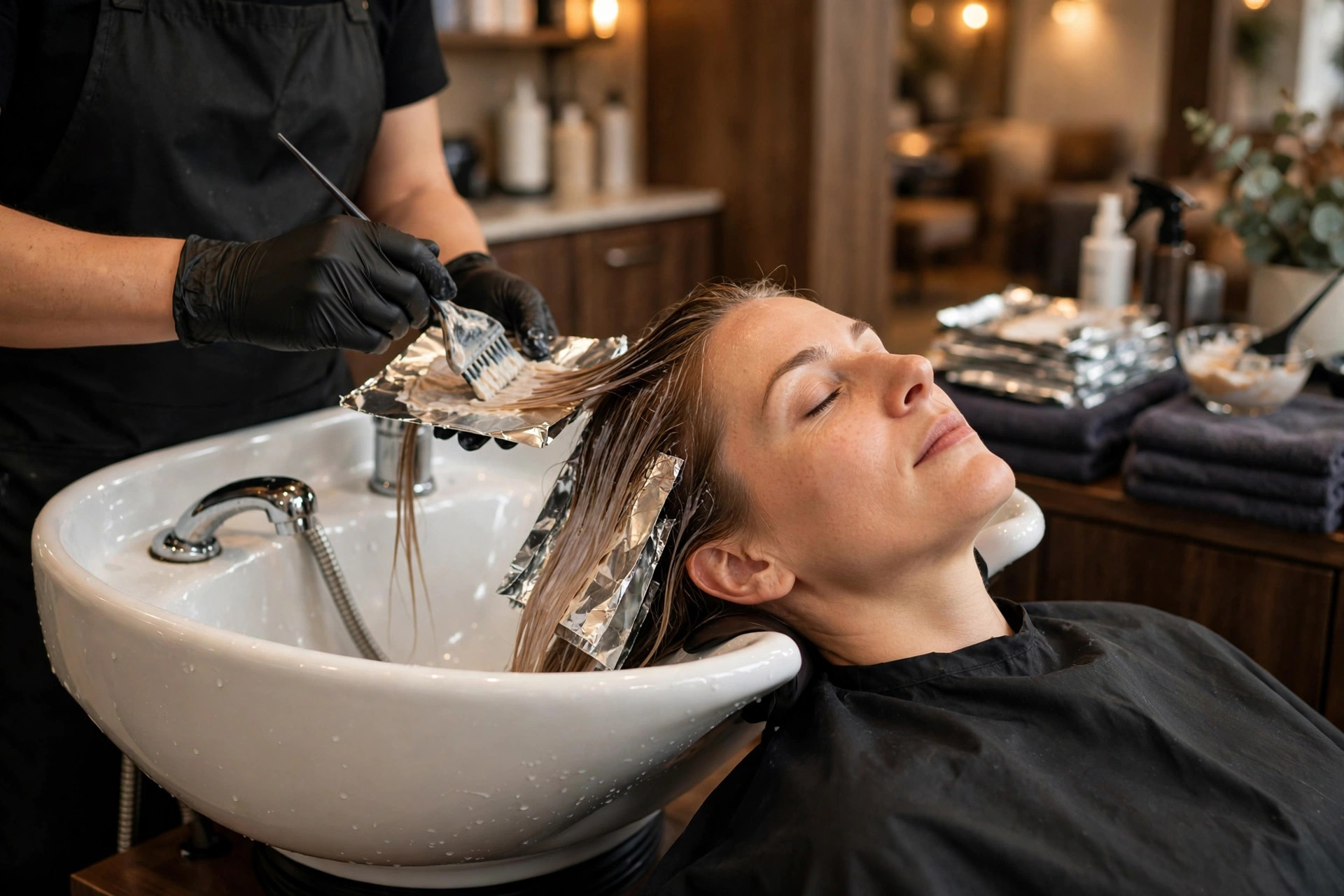 Hair color treatment being carefully applied at a salon wash station
