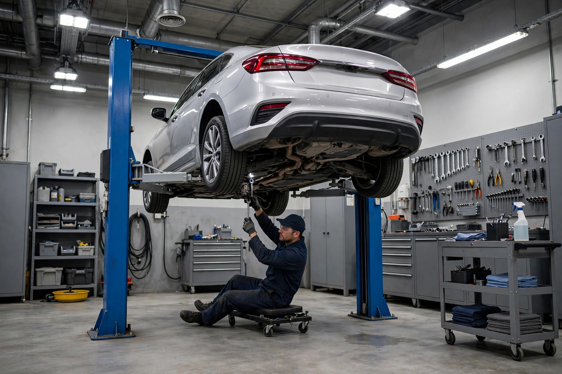 Car raised on a hydraulic lift inside a clean professional auto repair garage
