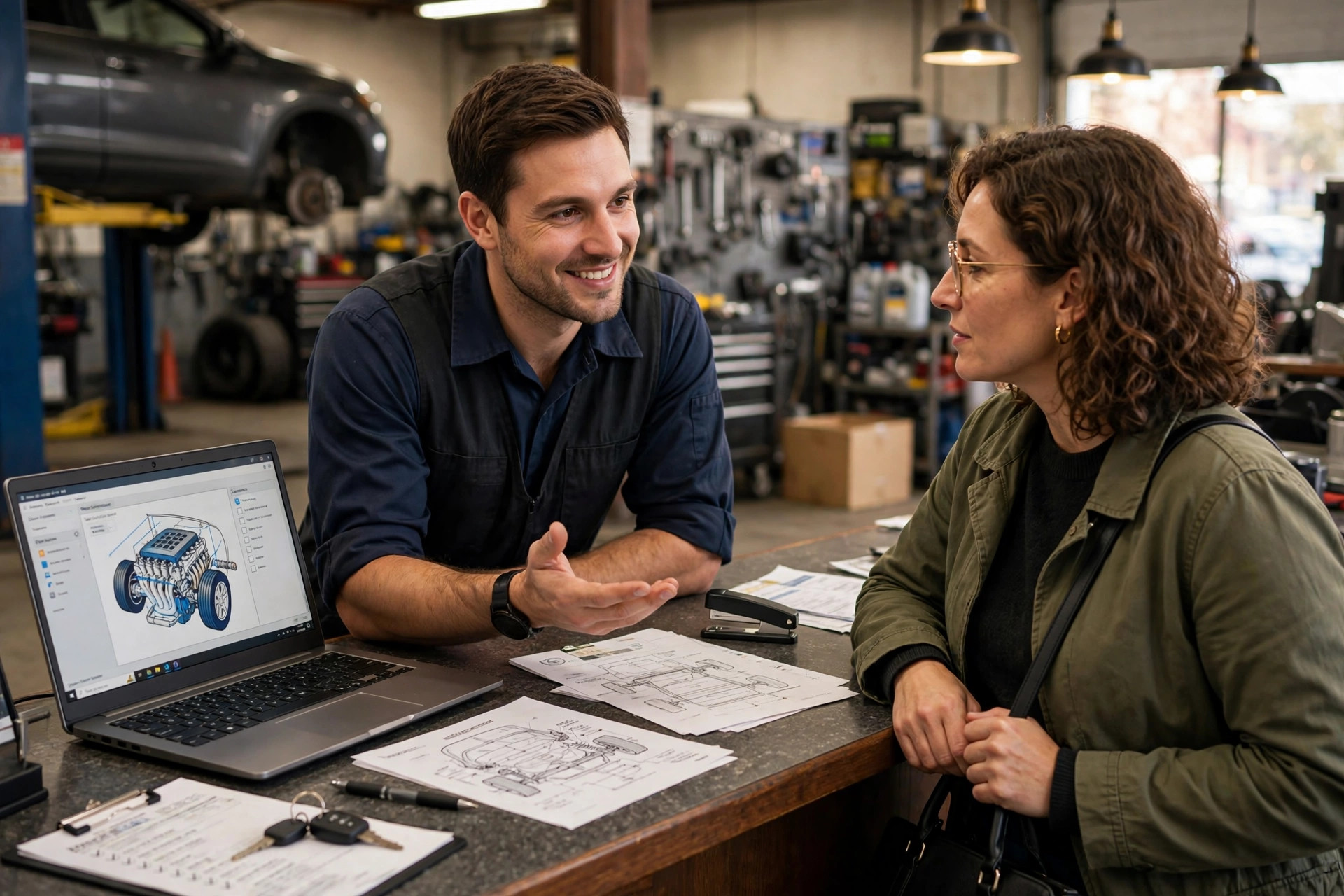 Friendly service advisor discussing repair options with a customer at the auto shop front counter