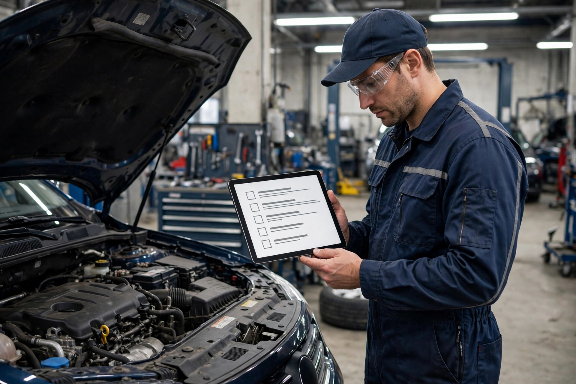 Mechanic in uniform holding a tablet and reviewing a vehicle service checklist in the repair bay
