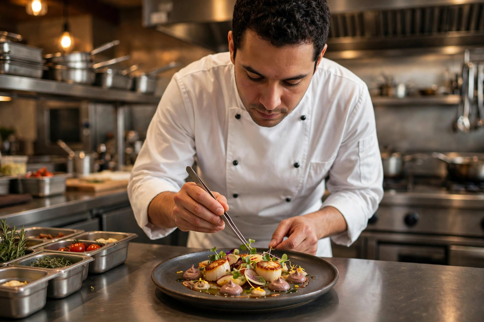 Chef carefully plating a gourmet dish in a professional restaurant kitchen