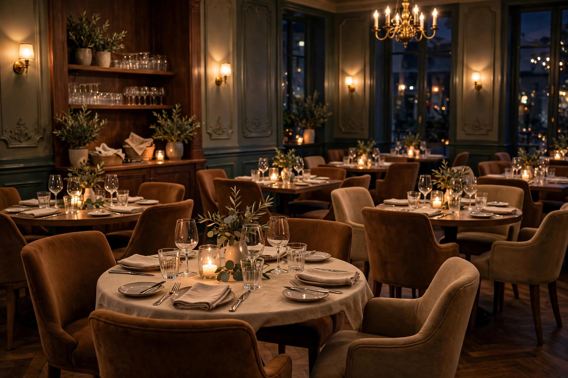 Warmly lit restaurant dining room with set tables and an inviting atmosphere