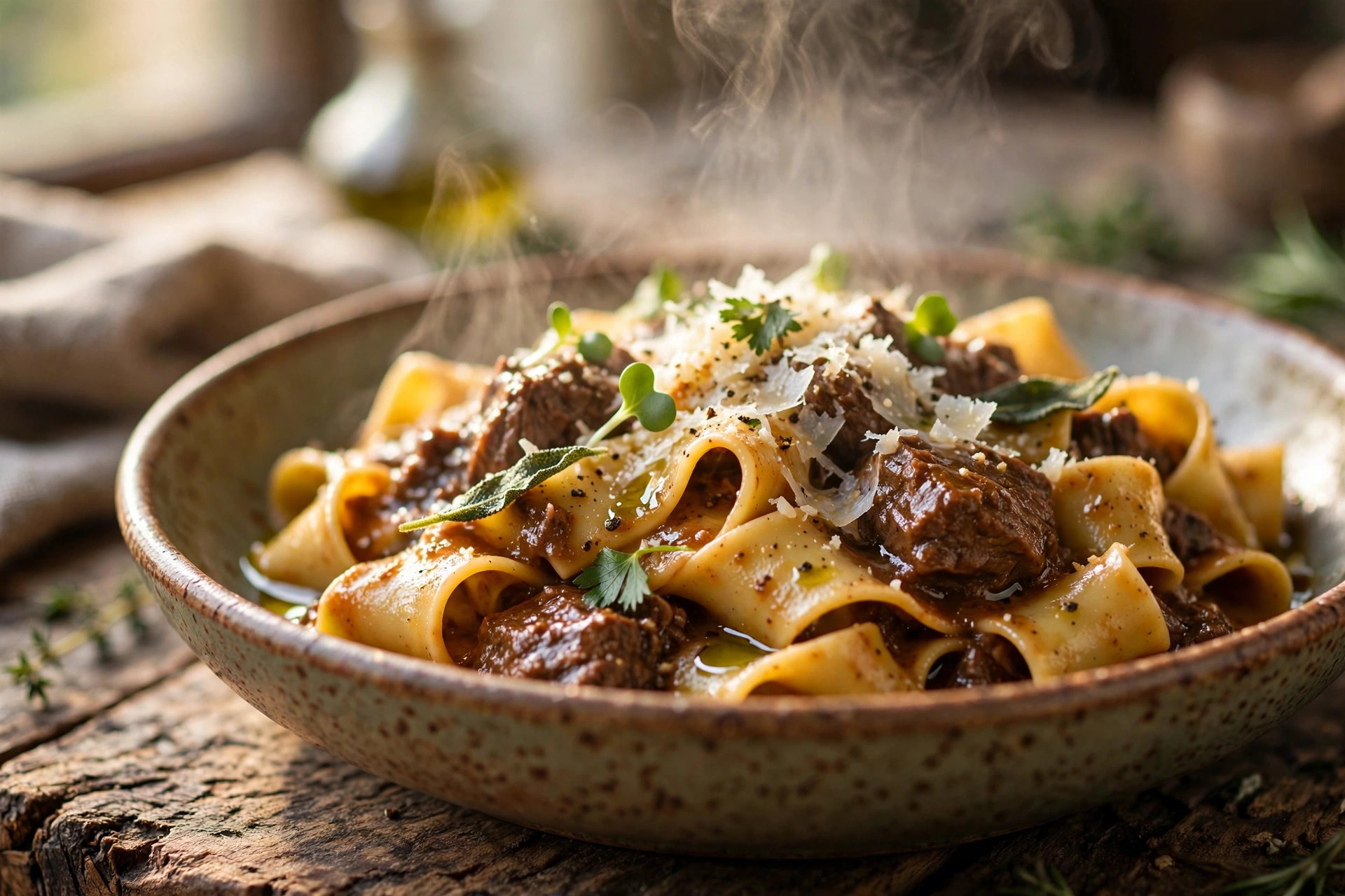 Close-up of a signature pasta dish served on a rustic restaurant table