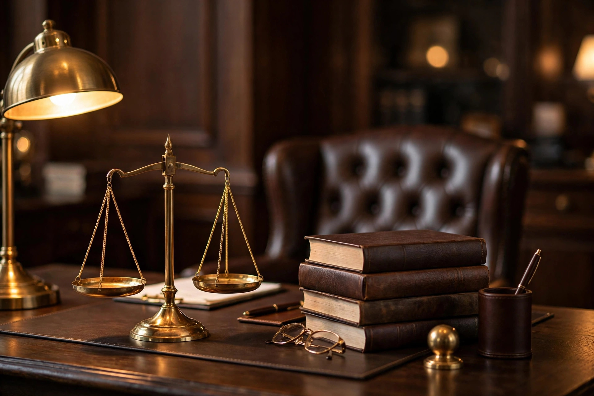 Lawyer office desk with brass scales of justice and law books in warm lamplight