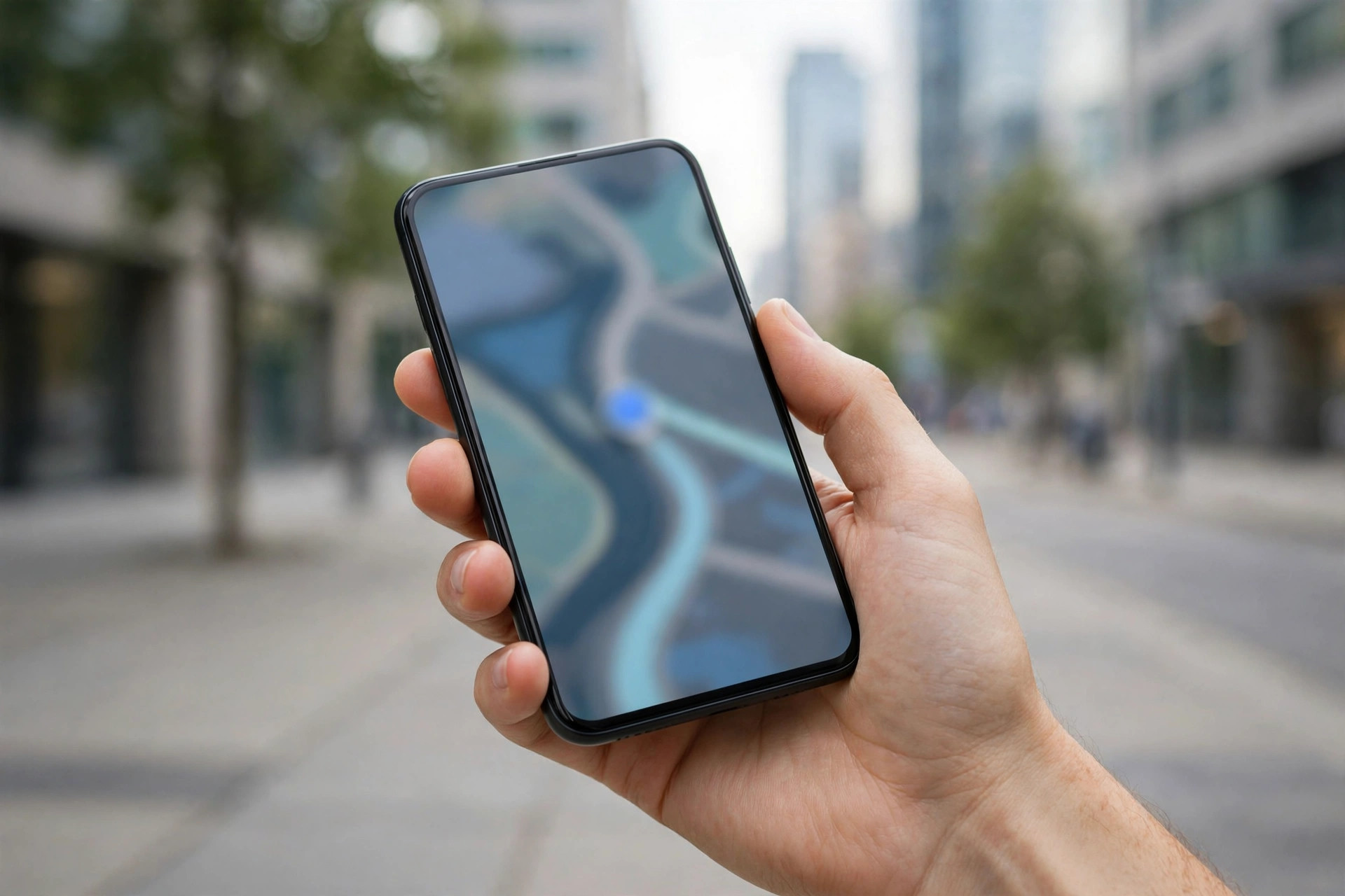 Hand holding smartphone showing a map on a city sidewalk outside office buildings