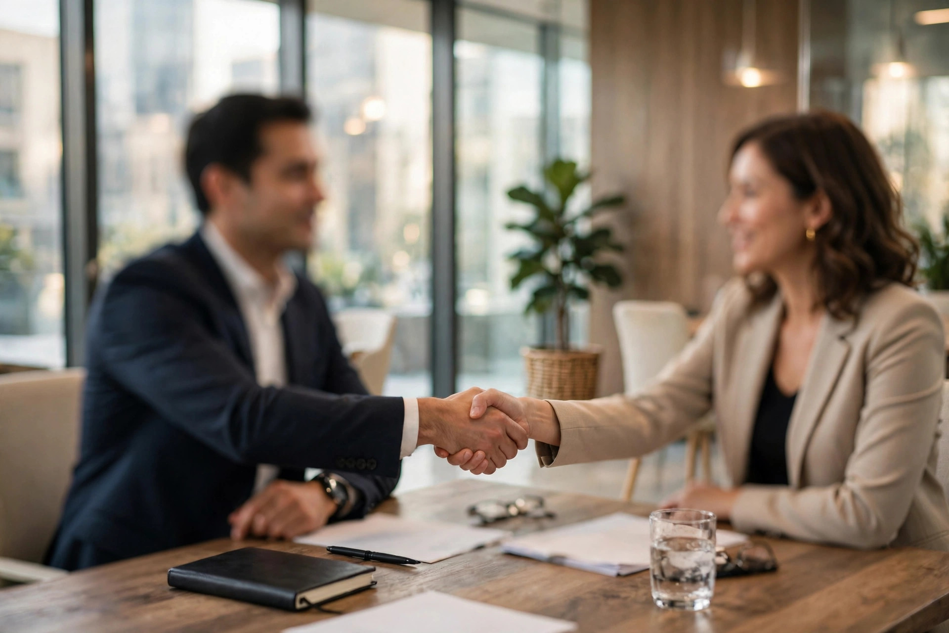 Lawyer shaking hands with a client in a bright modern law office