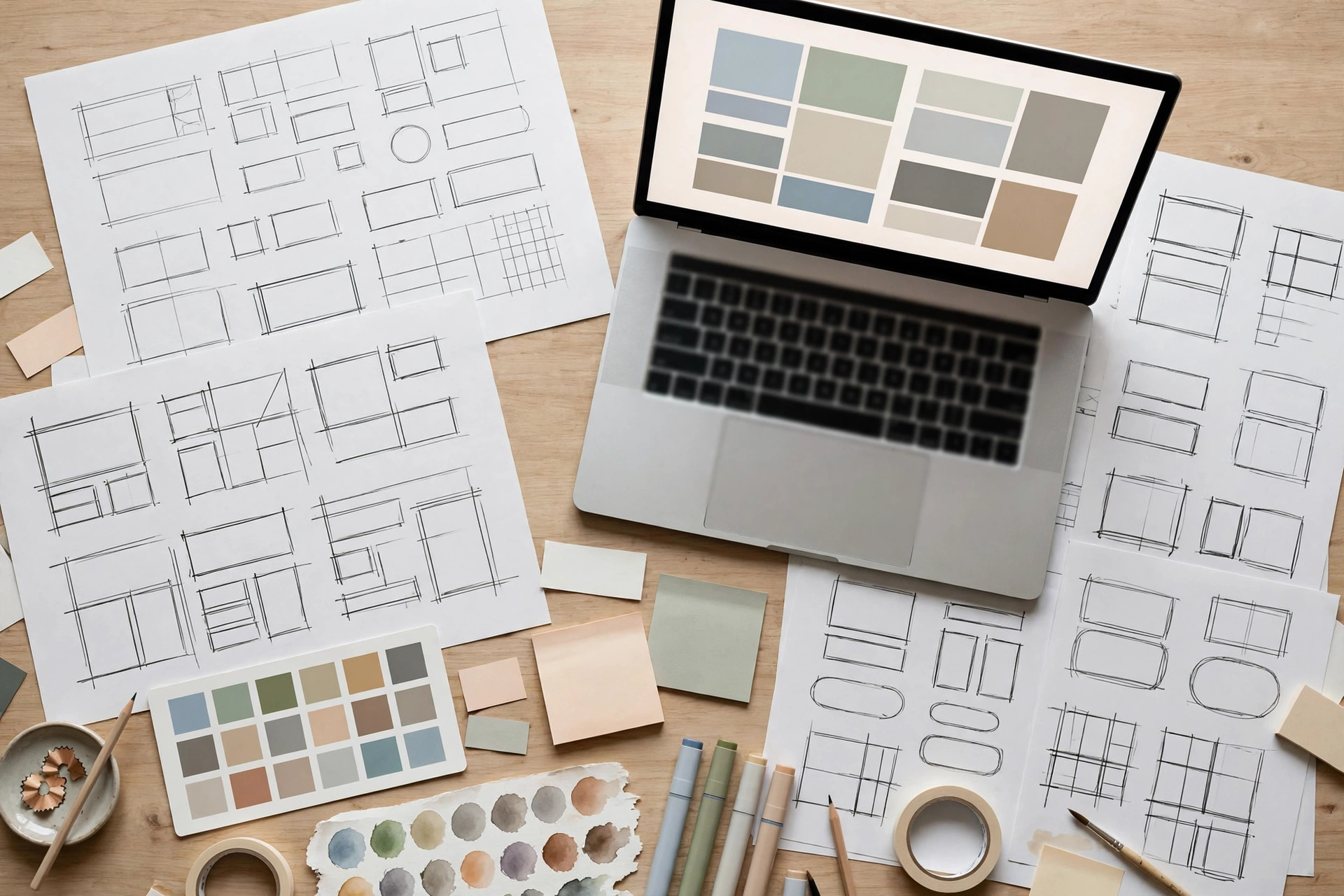 How Much Does a Law Firm Website Cost? A Plain Pricing Breakdown Web designer desk with website layout sketches and wireframe drafts