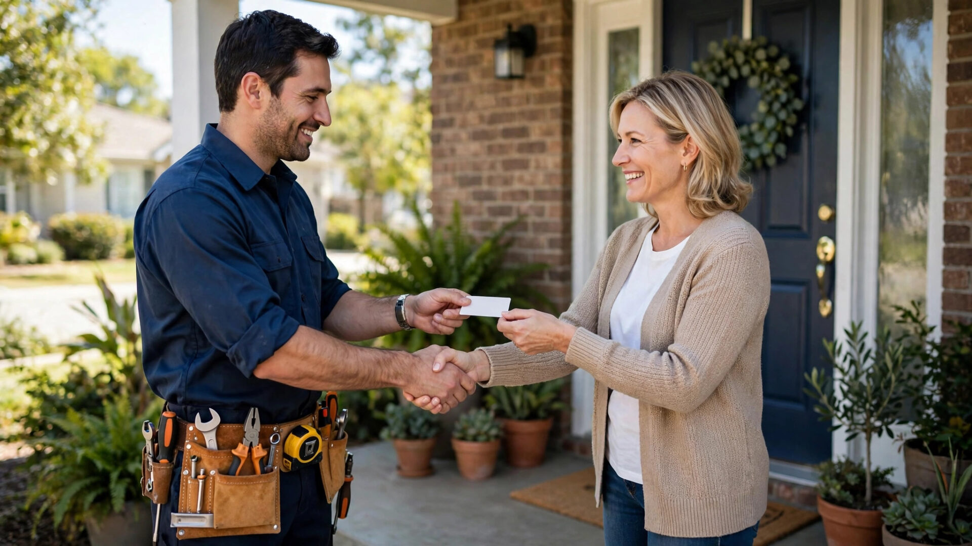 How to Get More Google Reviews for Plumbers Plumber handing a printed card to a customer at the front door
