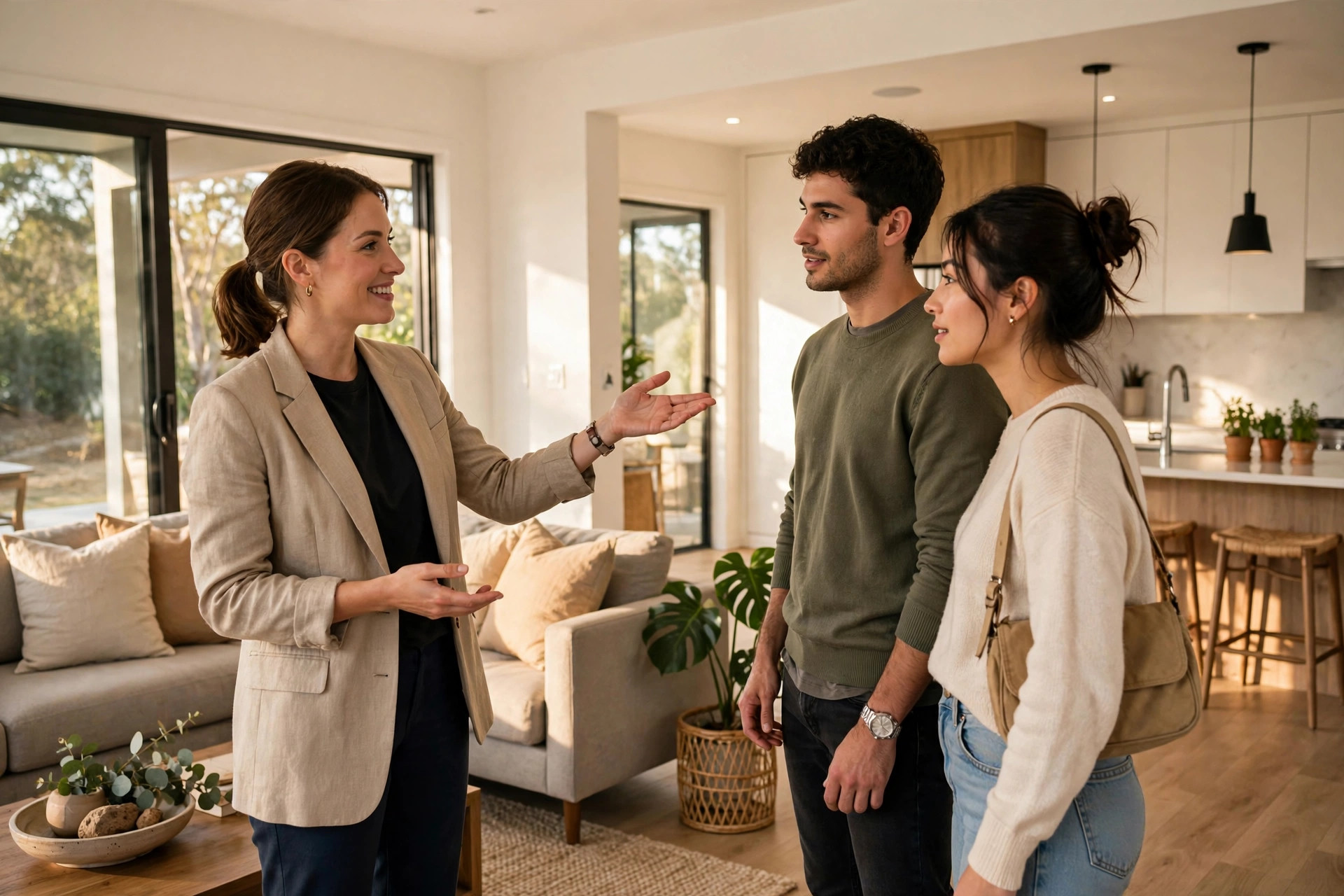 How Much Does a Real Estate Website Cost? A Plain Pricing Breakdown Real estate agent showing a bright modern home interior to a young couple