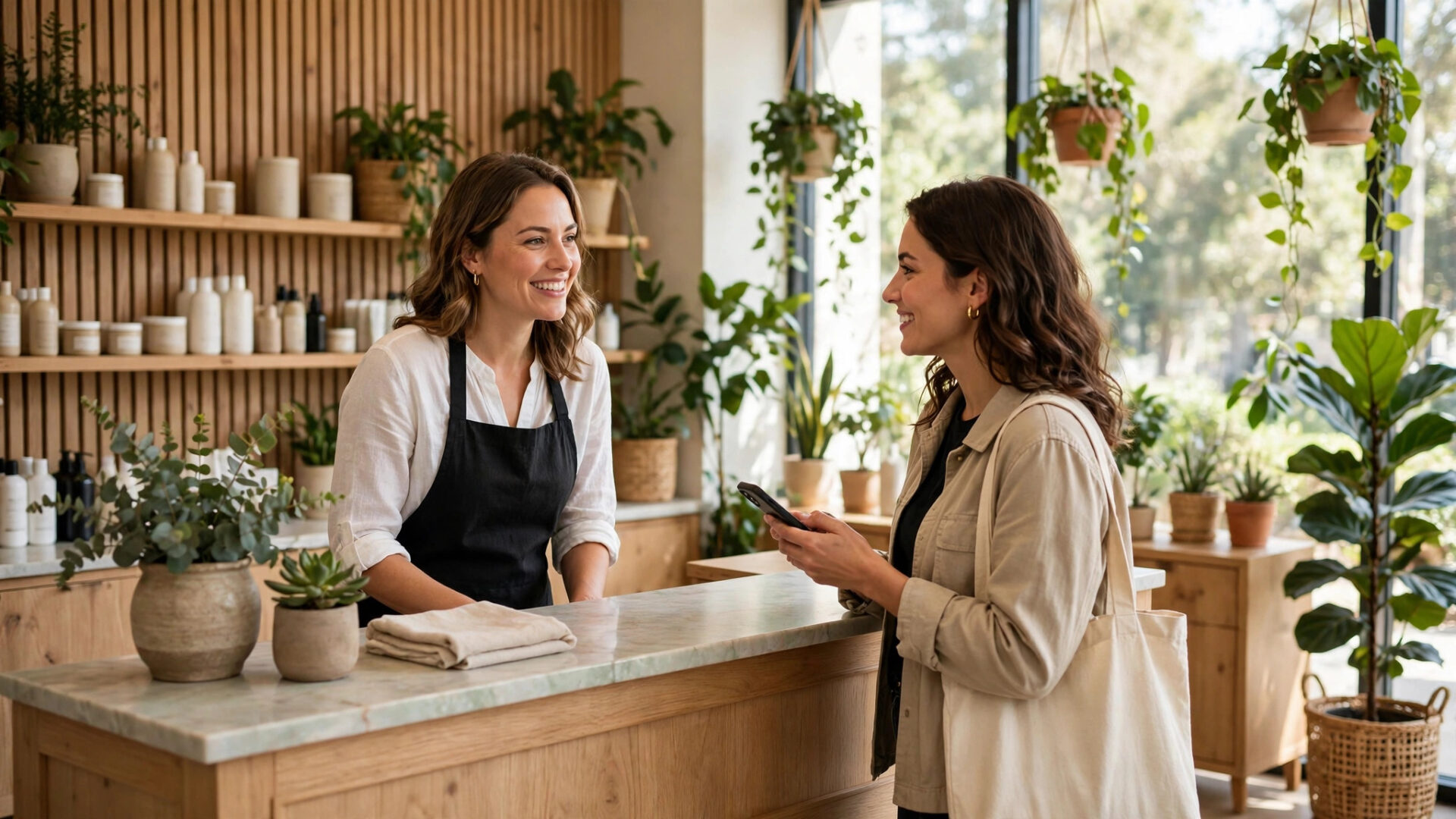 How to Get More Google Reviews for Salons Smiling hairstylist holding a mirror behind a happy customer showing off her fresh haircut