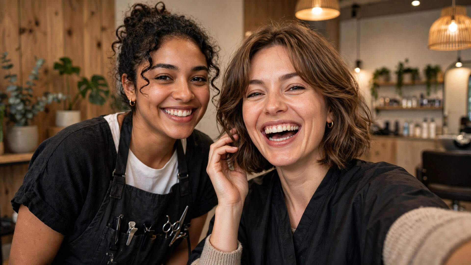 How to Get More Google Reviews for Salons Stylist and a satisfied client taking a cheerful selfie together in a modern hair salon