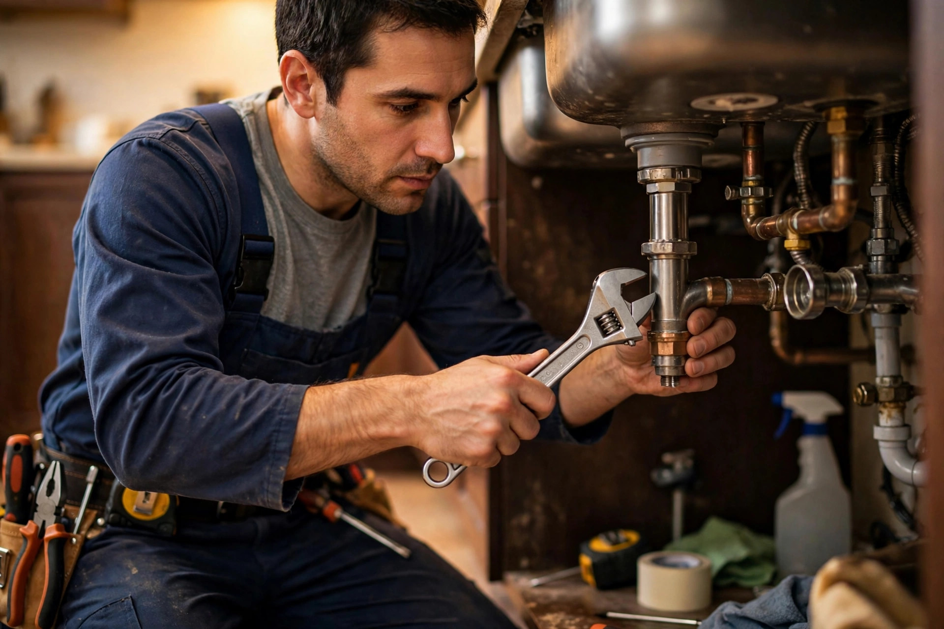 Professional plumber installing fixtures under a kitchen sink