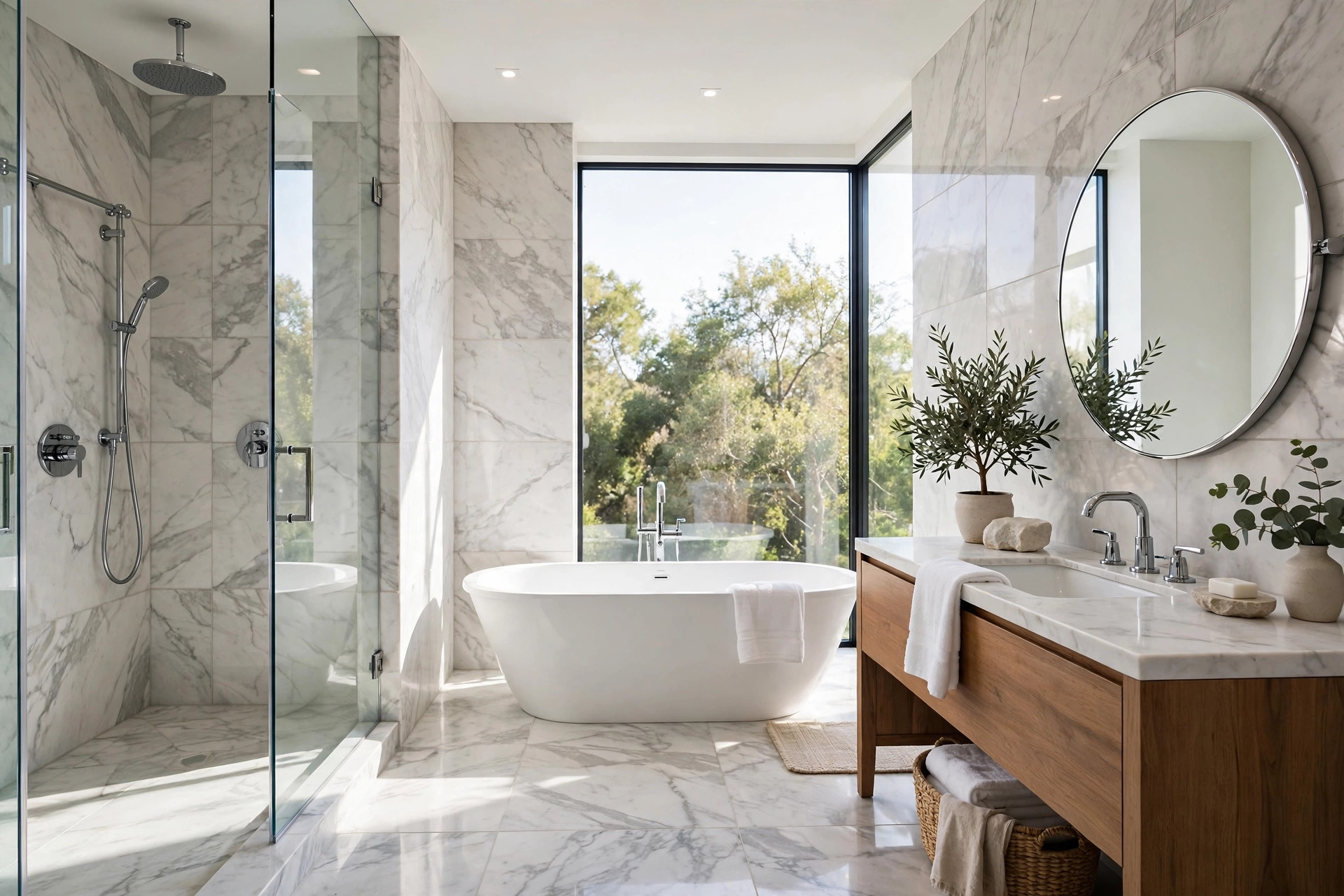 Modern luxury bathroom interior with marble tiles and chrome fixtures