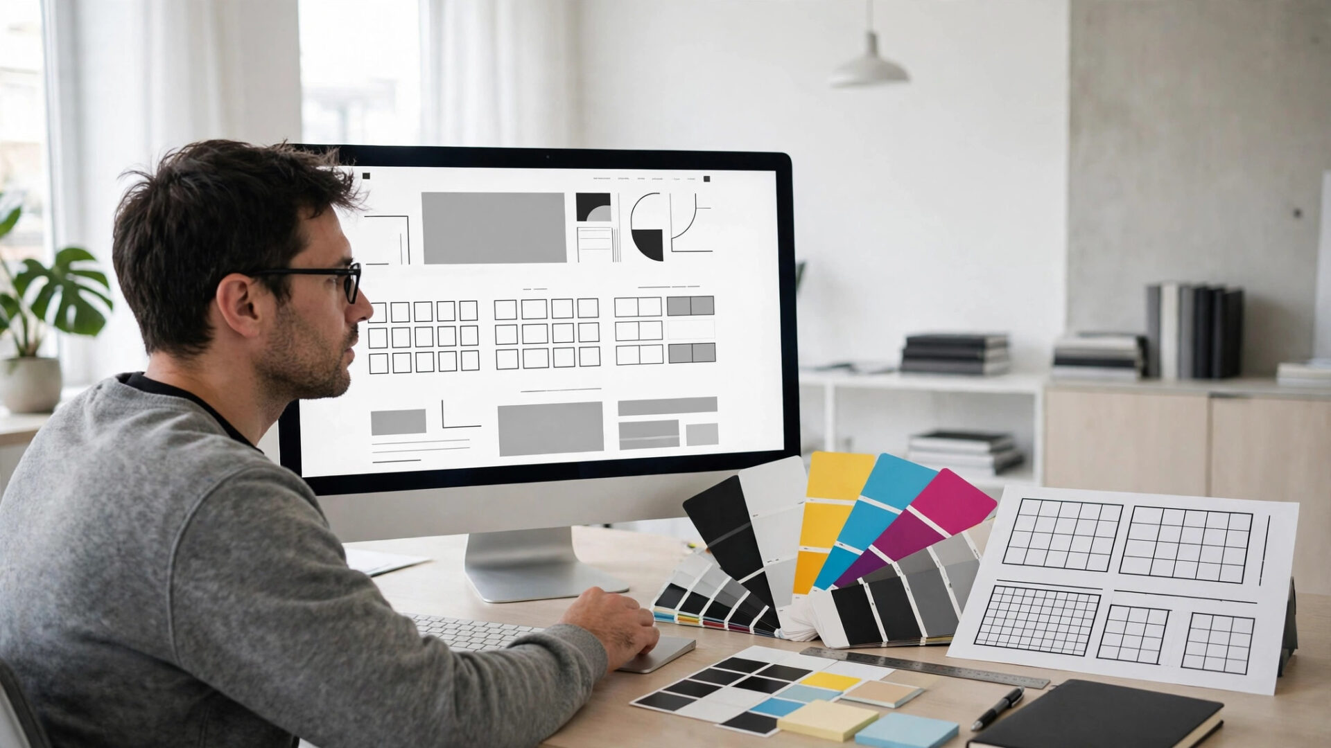 Web designer at a modern desk reviewing a website design with high-contrast color layouts