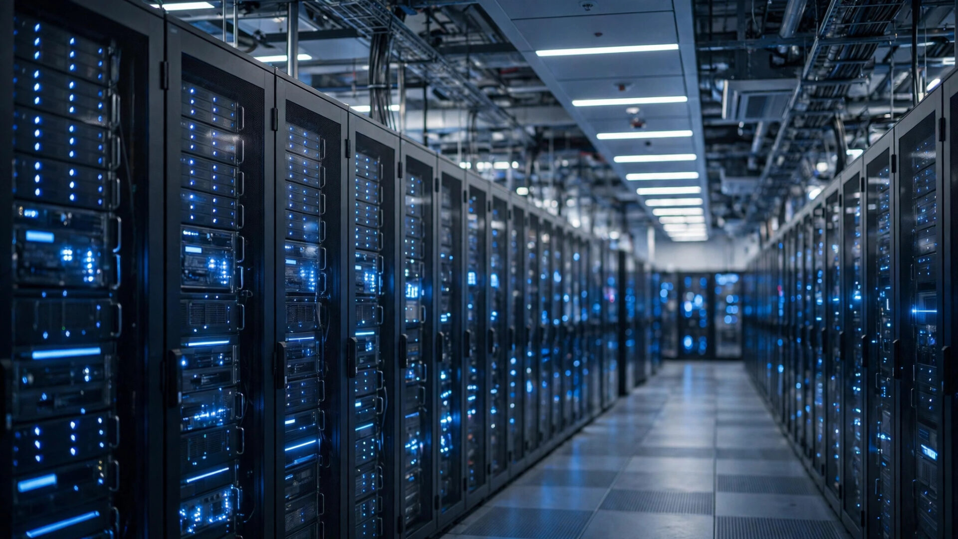Modern server room with rows of glowing server racks and blue indicator lights